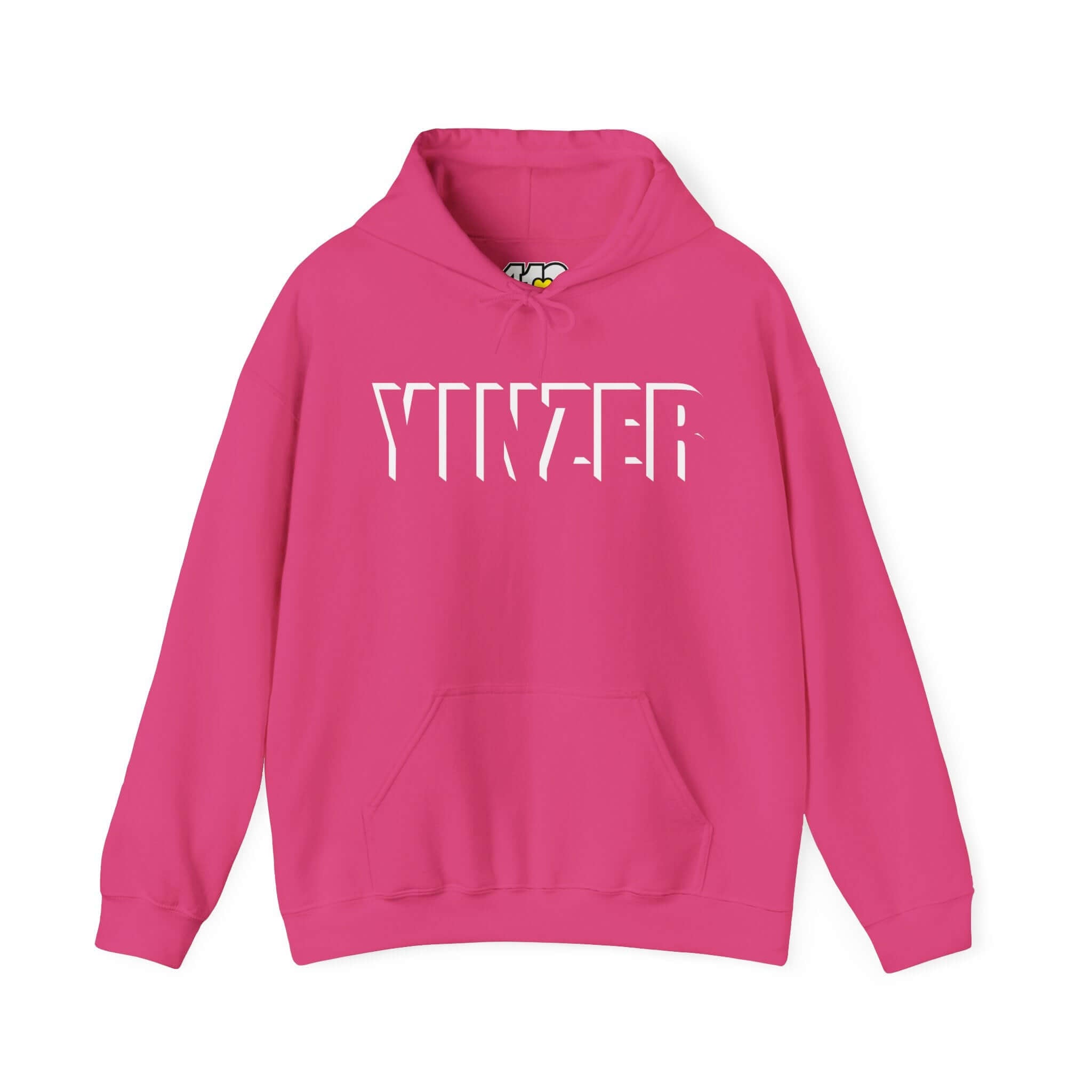 YINZER Hoodie | Bold White Logo. Apparel Color: Heliconia. 50/50 cotton-poly blend, cozy fit, kangaroo pocket, adjustable drawstring hood.