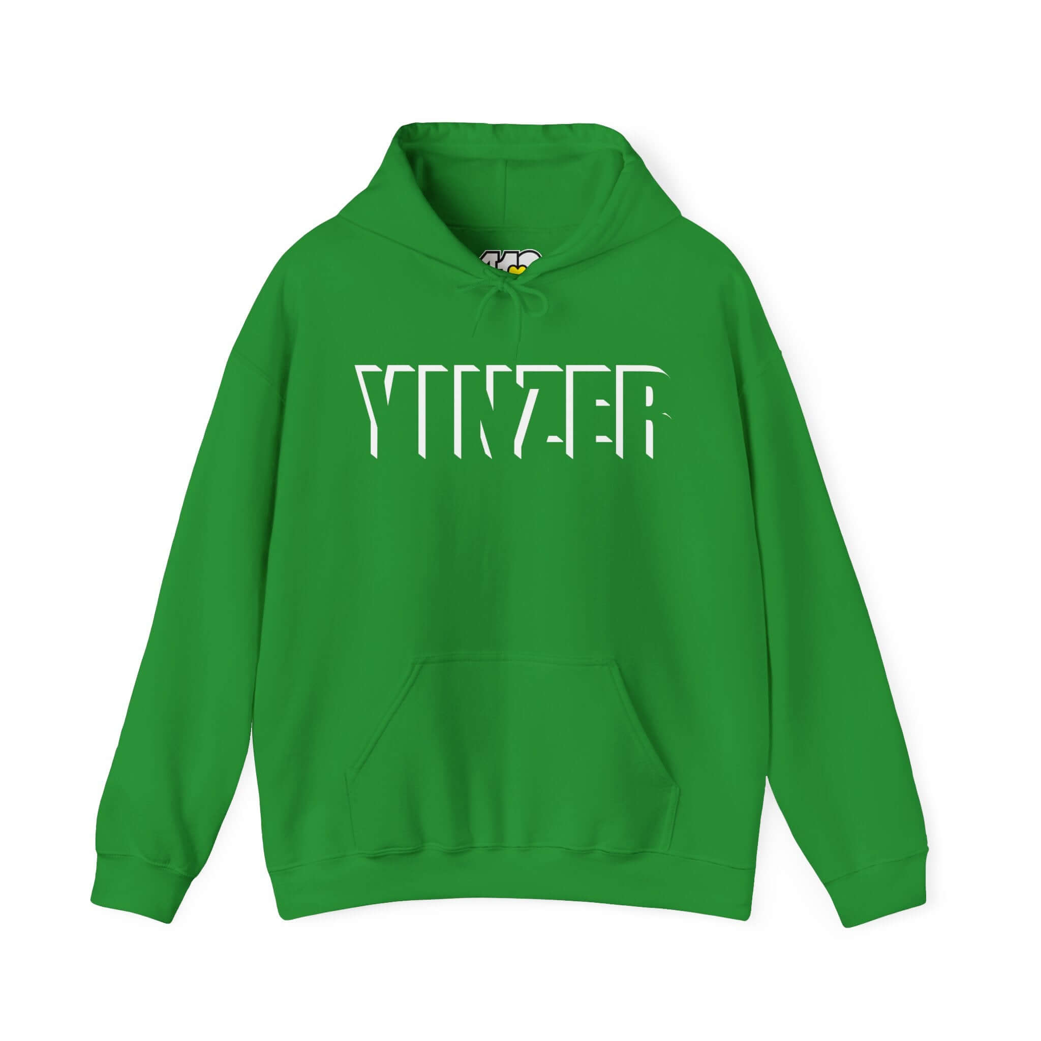 YINZER Hoodie | Bold White Logo. Apparel Color: Irish Green. 50/50 cotton-poly blend, cozy fit, kangaroo pocket, adjustable drawstring hood.