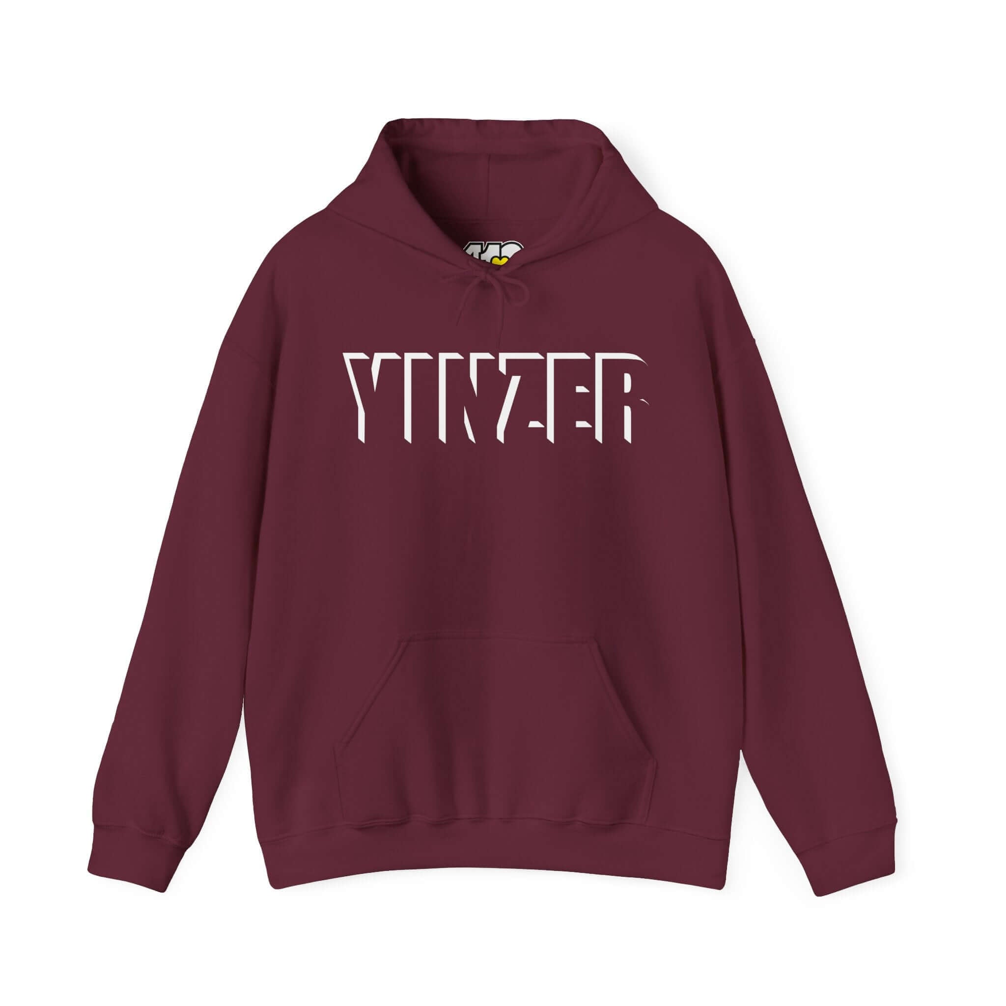YINZER Hoodie | Bold White Logo. Apparel Color: Maroon. 50/50 cotton-poly blend, cozy fit, kangaroo pocket, adjustable drawstring hood.