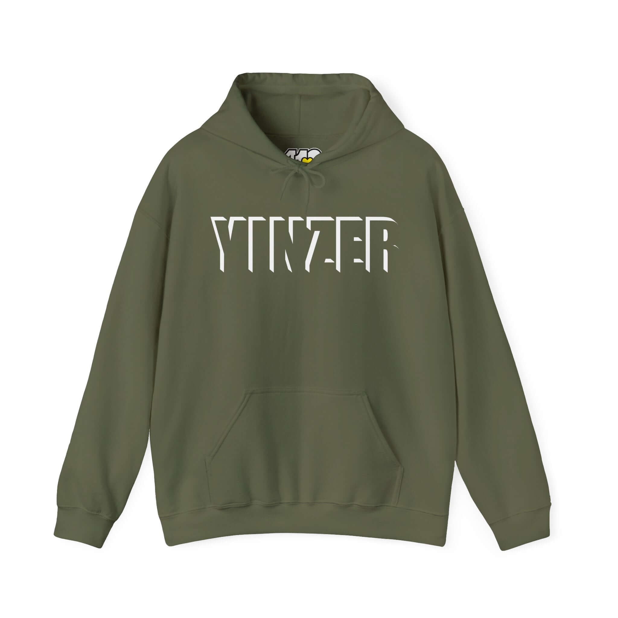 YINZER Hoodie | Bold White Logo. Apparel Color: Military Green. 50/50 cotton-poly blend, cozy fit, kangaroo pocket, adjustable drawstring hood.