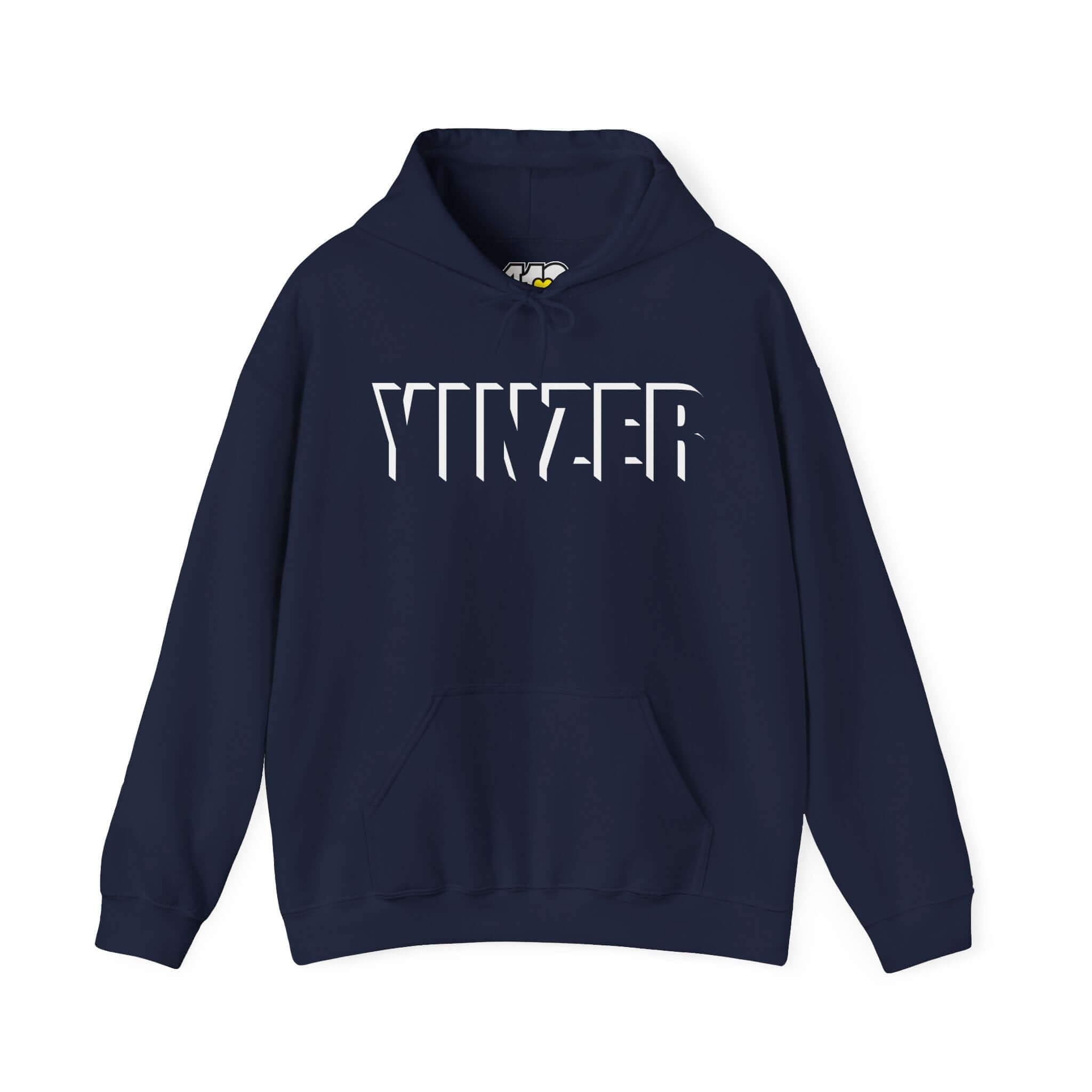 YINZER Hoodie | Bold White Logo. Apparel Color: Navy. 50/50 cotton-poly blend, cozy fit, kangaroo pocket, adjustable drawstring hood.