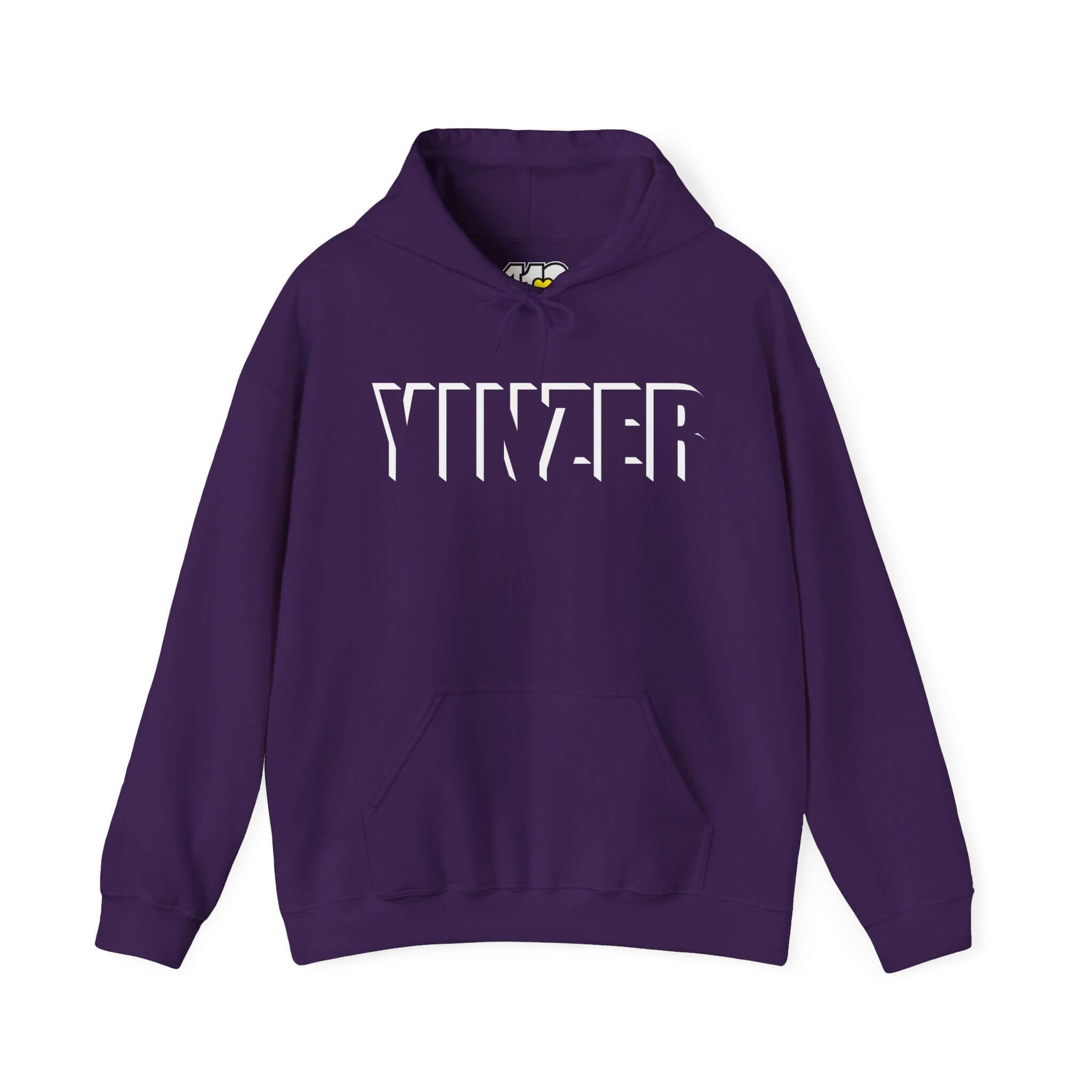 YINZER Hoodie | Bold White Logo. Apparel Color: Purple. 50/50 cotton-poly blend, cozy fit, kangaroo pocket, adjustable drawstring hood.