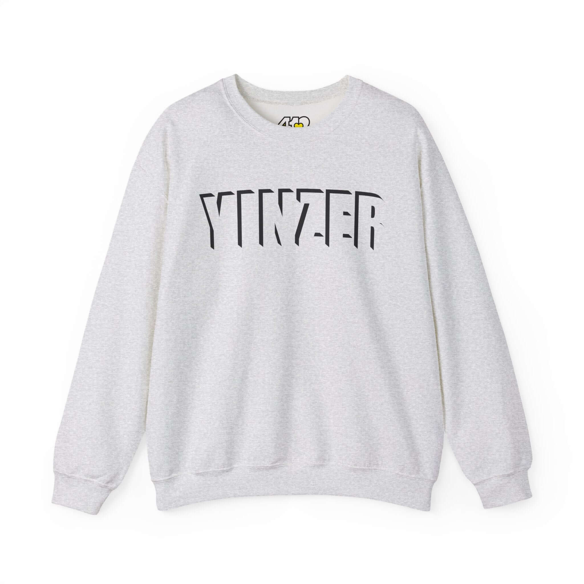 YINZER Sweatshirt | Black Logo. Apparel Color: Ash. A blend of 50% cotton and 50% polyester for cozy durability. With an Elastic ribbed collar, and Double-needle stitching.