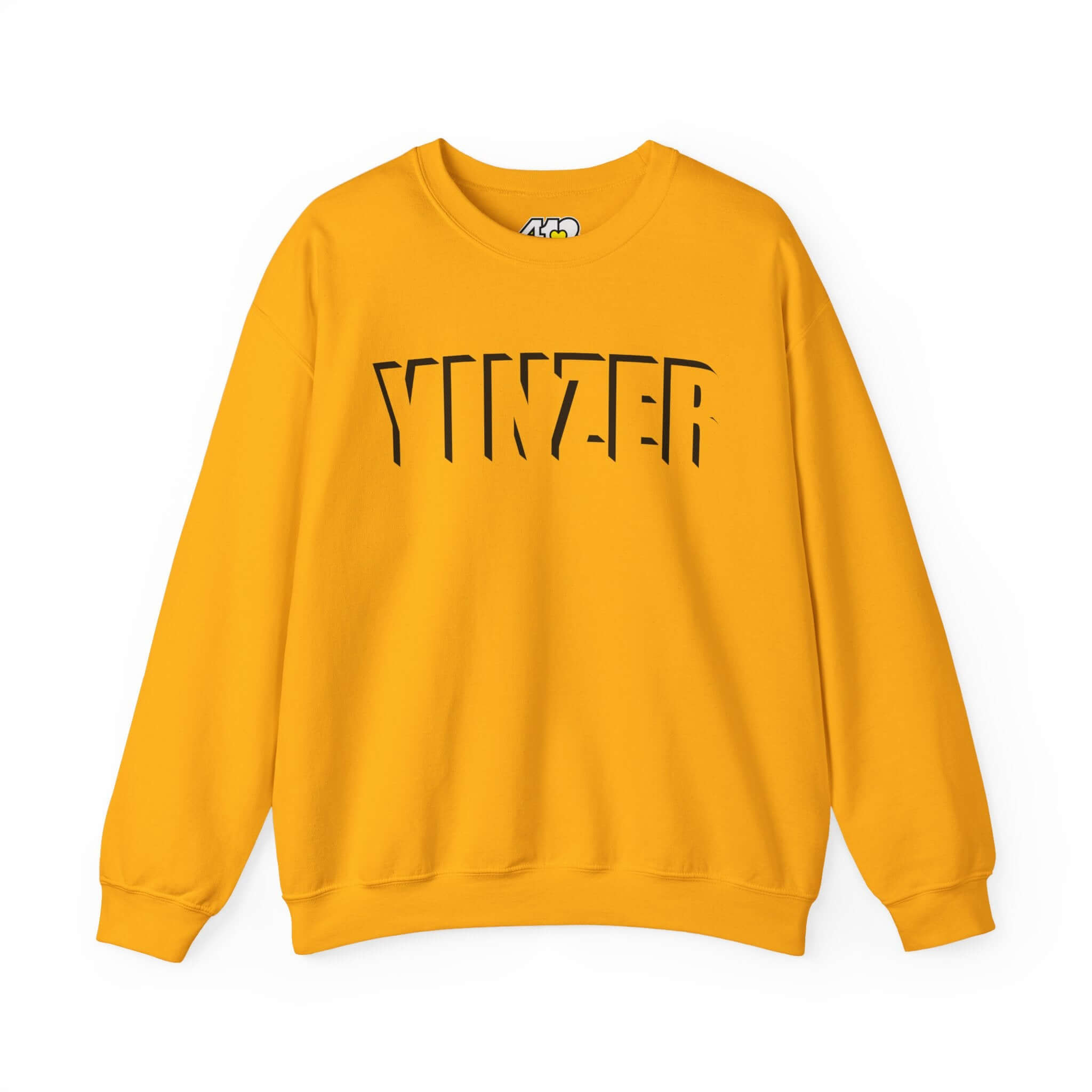 YINZER Sweatshirt | Black Logo. Apparel Color: Gold. A blend of 50% cotton and 50% polyester for cozy durability. With an Elastic ribbed collar, and Double-needle stitching.