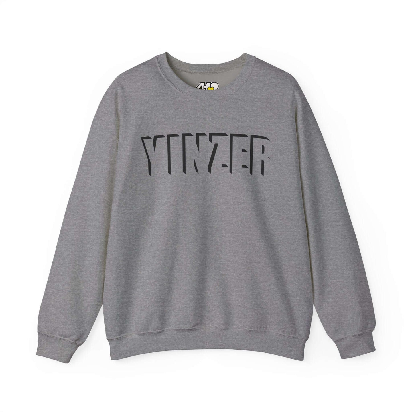 YINZER Sweatshirt | Black Logo. Apparel Color: Graphite Heather. A blend of 50% cotton and 50% polyester for cozy durability. With an Elastic ribbed collar, and Double-needle stitching.