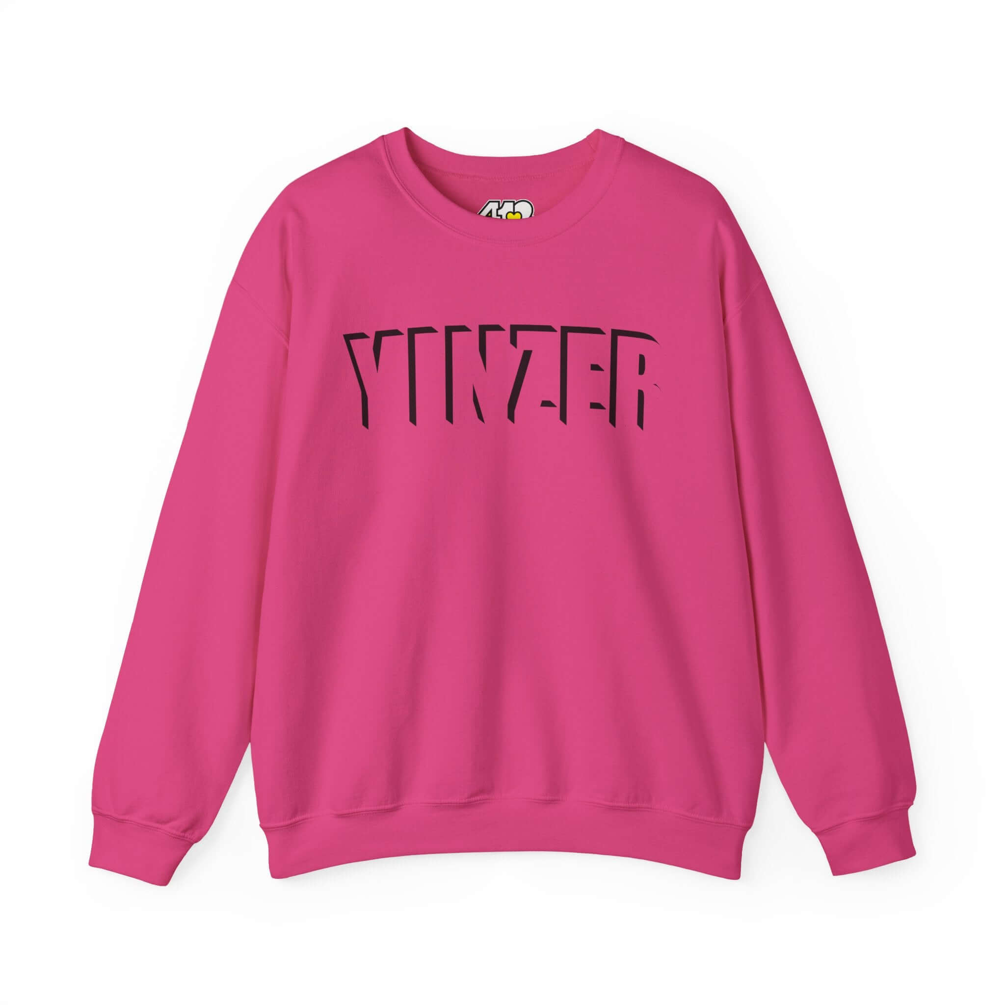 YINZER Sweatshirt | Black Logo. Apparel Color: Heliconia. A blend of 50% cotton and 50% polyester for cozy durability. With an Elastic ribbed collar, and Double-needle stitching.