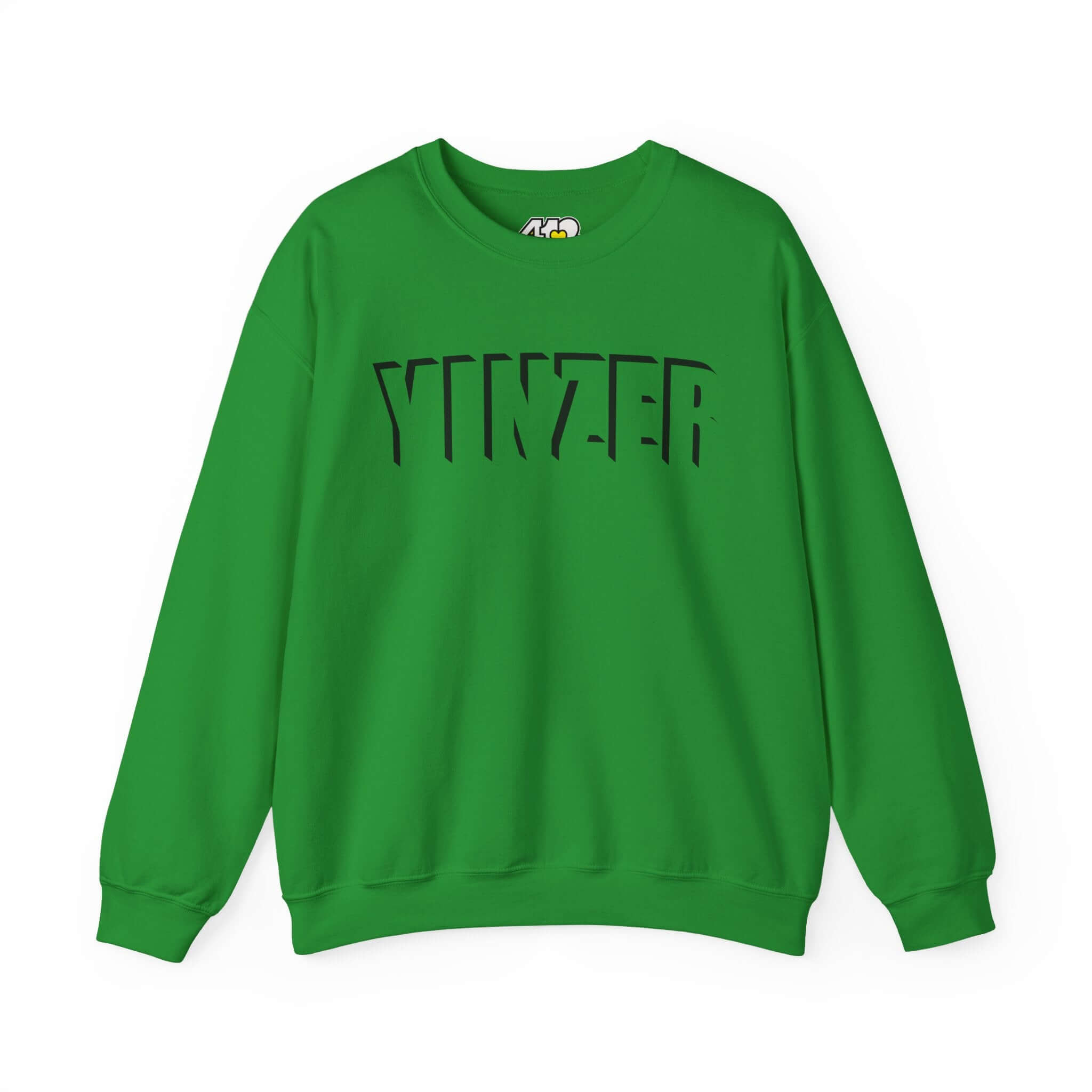 YINZER Sweatshirt | Black Logo. Apparel Color: Irish Green. A blend of 50% cotton and 50% polyester for cozy durability. With an Elastic ribbed collar, and Double-needle stitching.
