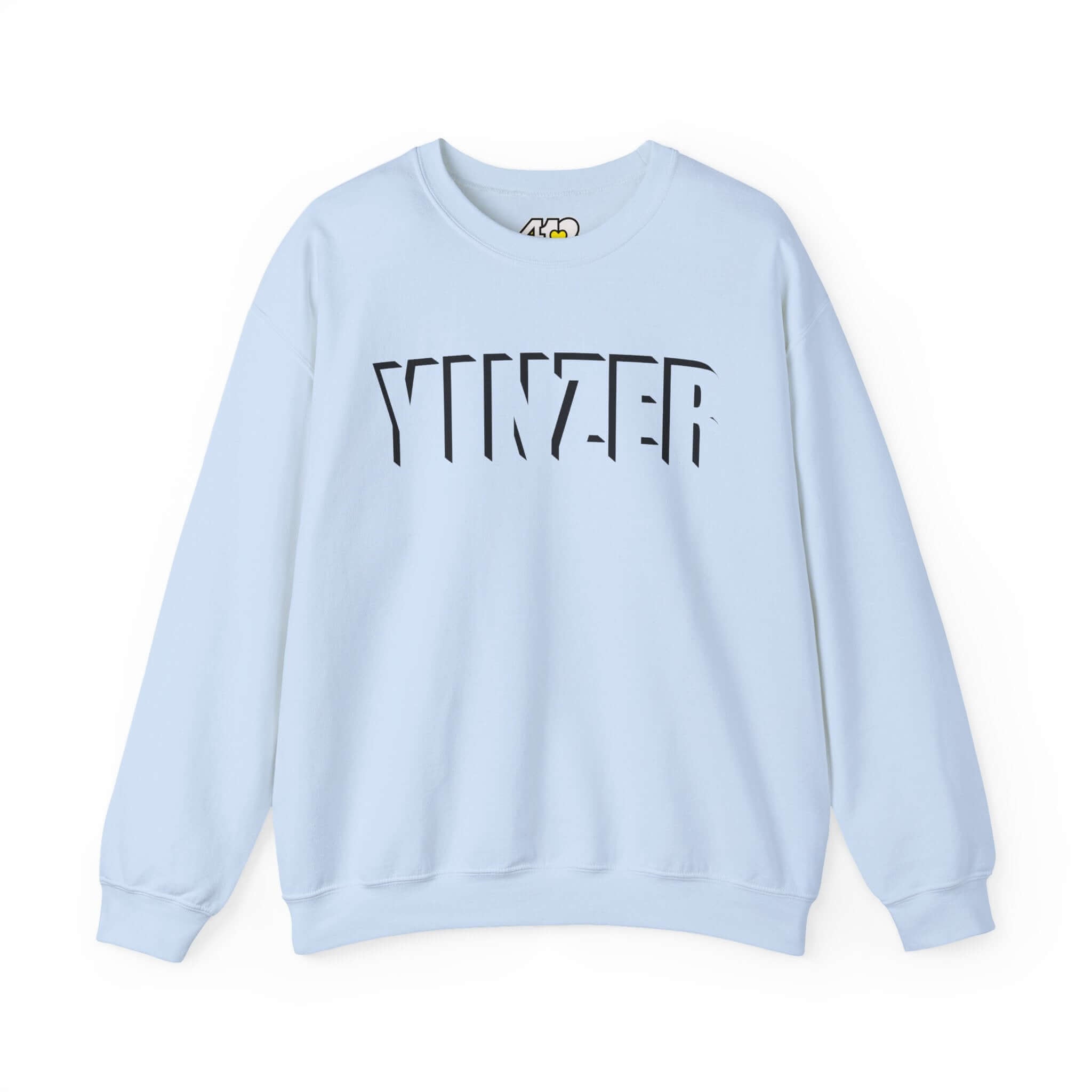 YINZER Sweatshirt | Black Logo. Apparel Color: Light Blue. A blend of 50% cotton and 50% polyester for cozy durability. With an Elastic ribbed collar, and Double-needle stitching.
