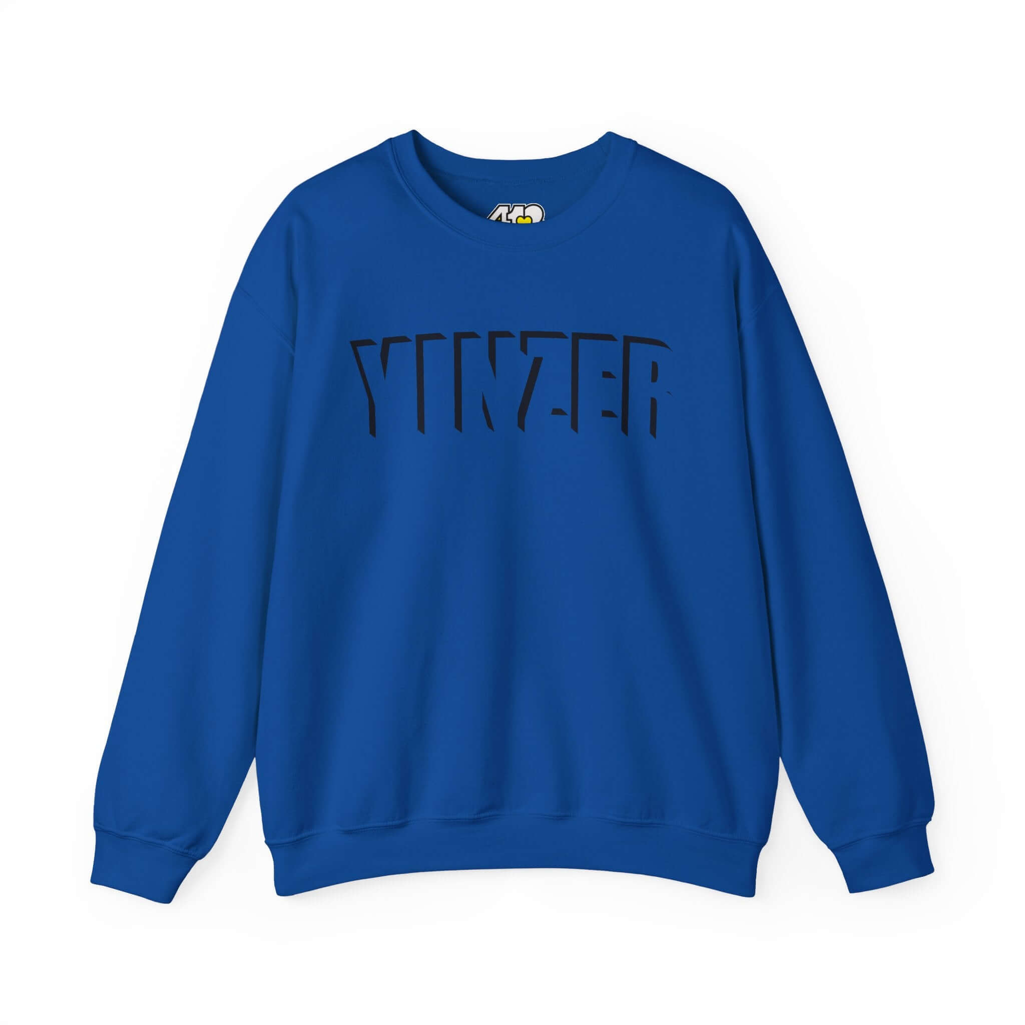 YINZER Sweatshirt | Black Logo. Apparel Color: Royal. A blend of 50% cotton and 50% polyester for cozy durability. With an Elastic ribbed collar, and Double-needle stitching.