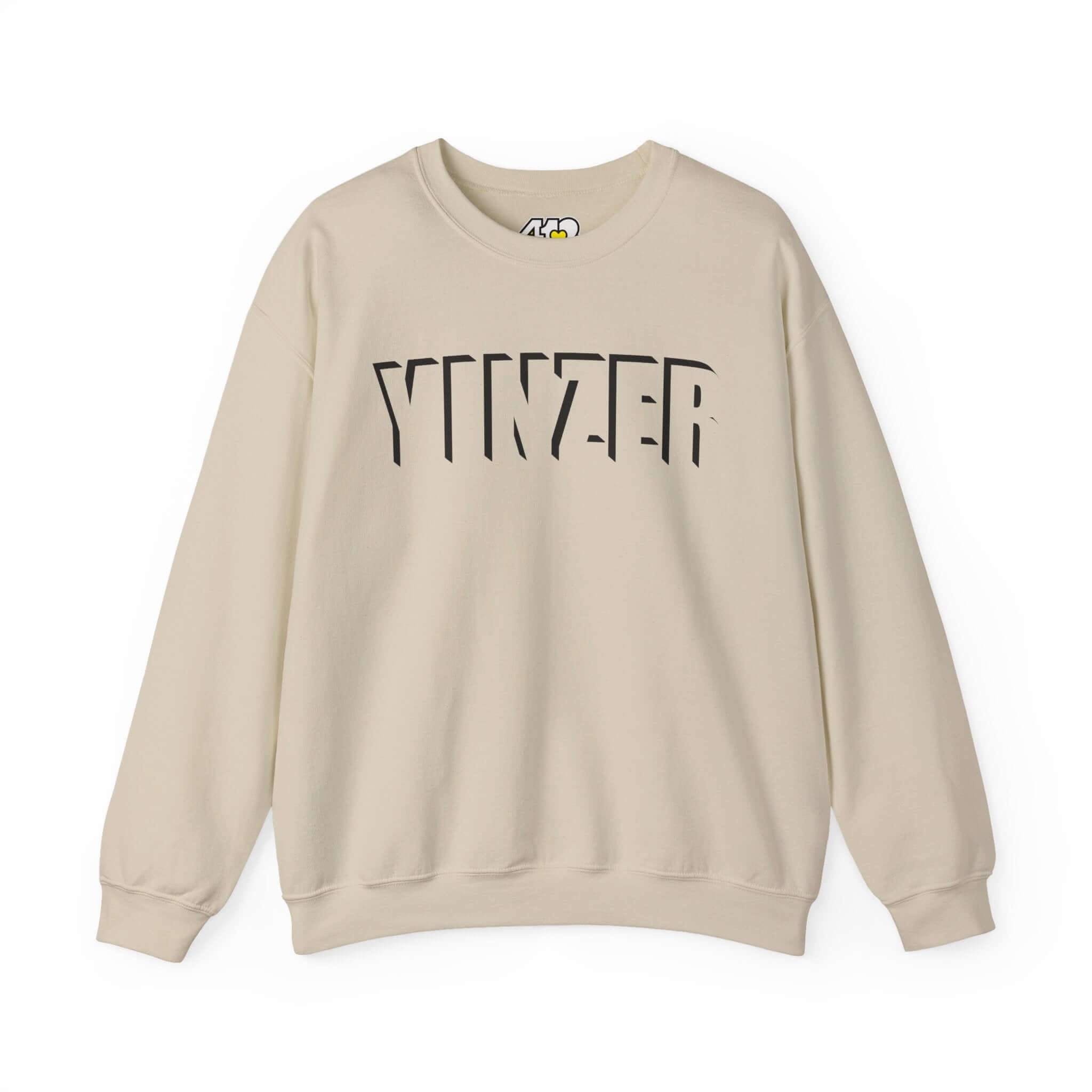 YINZER Sweatshirt | Black Logo. Apparel Color: Sand. A blend of 50% cotton and 50% polyester for cozy durability. With an Elastic ribbed collar, and Double-needle stitching.