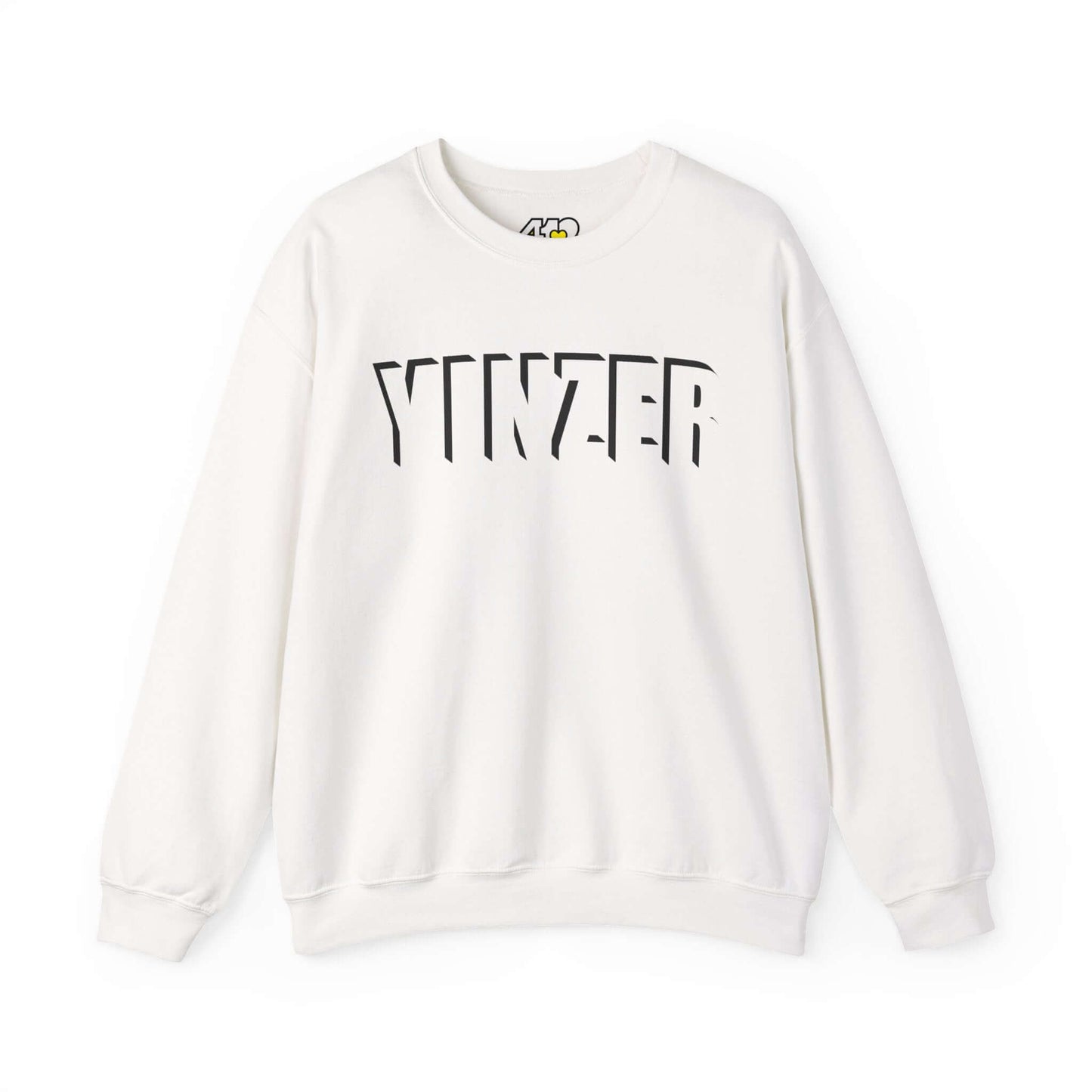 YINZER Sweatshirt | Black Logo. Apparel Color: White. A blend of 50% cotton and 50% polyester for cozy durability. With an Elastic ribbed collar, and Double-needle stitching.