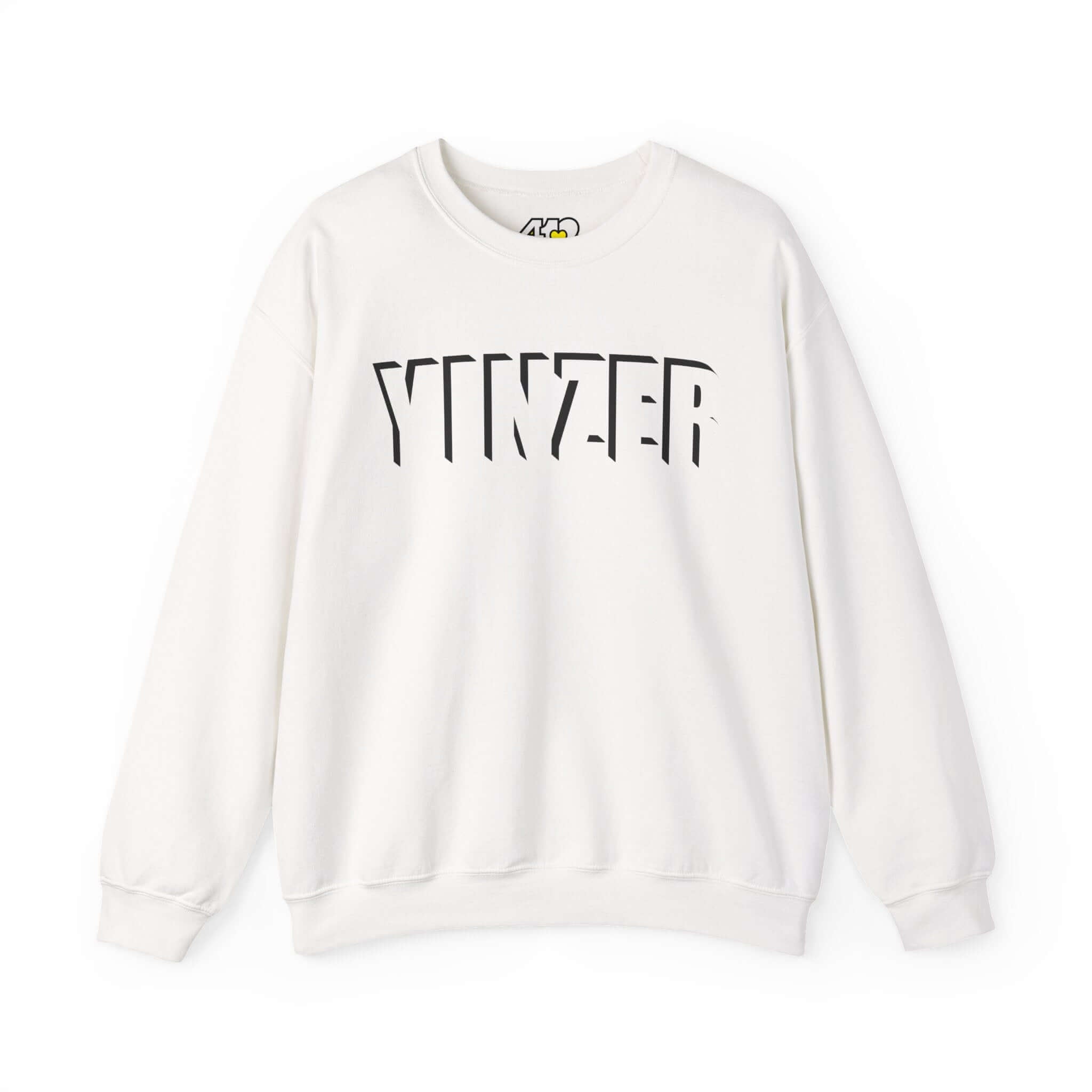 YINZER Sweatshirt | Black Logo. Apparel Color: White. A blend of 50% cotton and 50% polyester for cozy durability. With an Elastic ribbed collar, and Double-needle stitching.