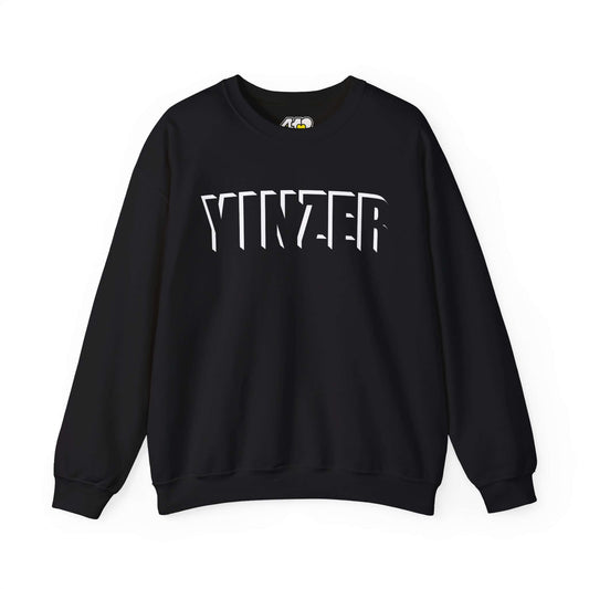 YINZER Sweatshirt | White Logo. Apparel Color: Black. A blend of 50% cotton and 50% polyester for cozy durability. With an Elastic ribbed collar, and Double-needle stitching.