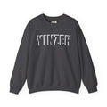 YINZER Sweatshirt | White Logo. Apparel Color: Dark Heather. A blend of 50% cotton and 50% polyester for cozy durability. With an Elastic ribbed collar, and Double-needle stitching.