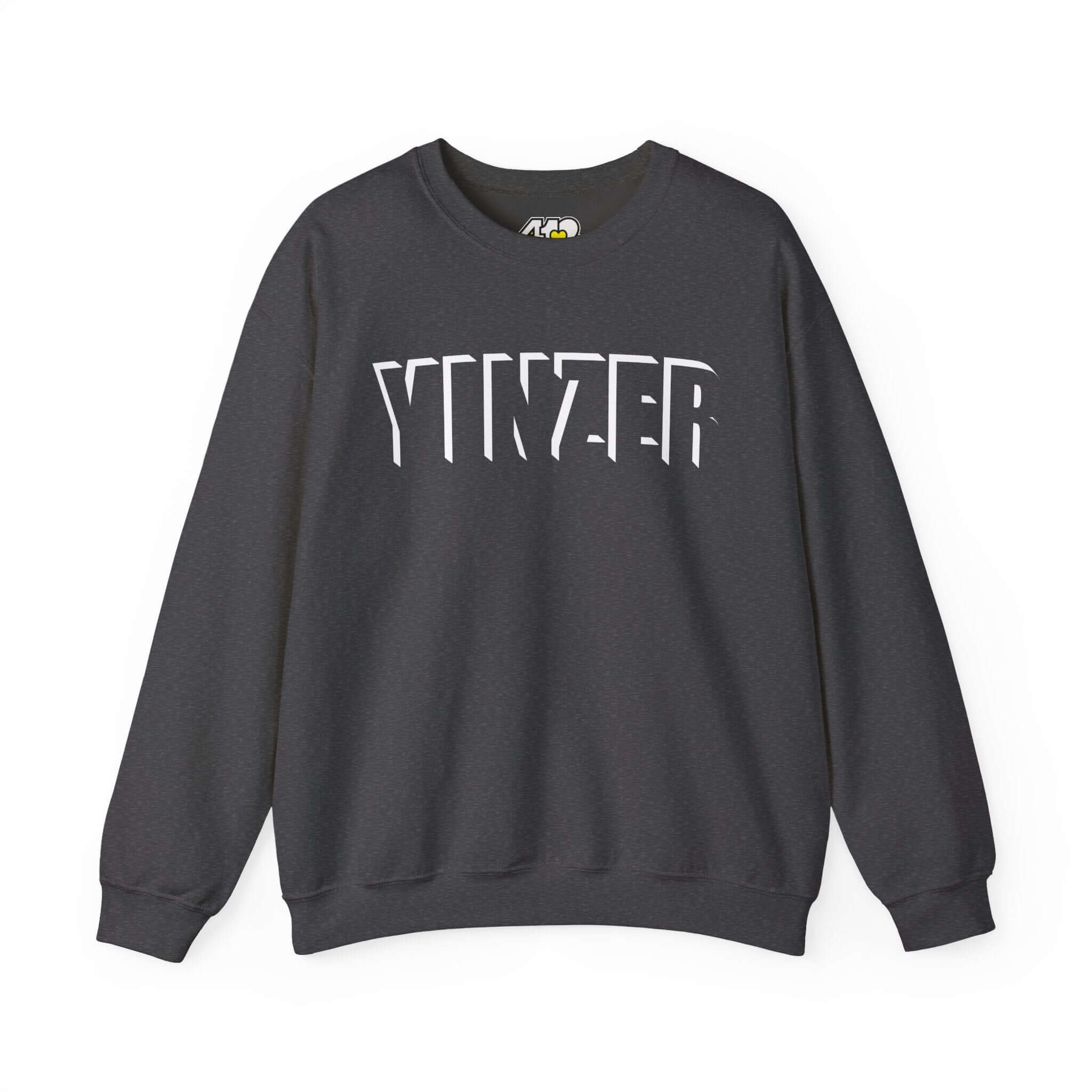 YINZER Sweatshirt | White Logo. Apparel Color: Dark Heather. A blend of 50% cotton and 50% polyester for cozy durability. With an Elastic ribbed collar, and Double-needle stitching.