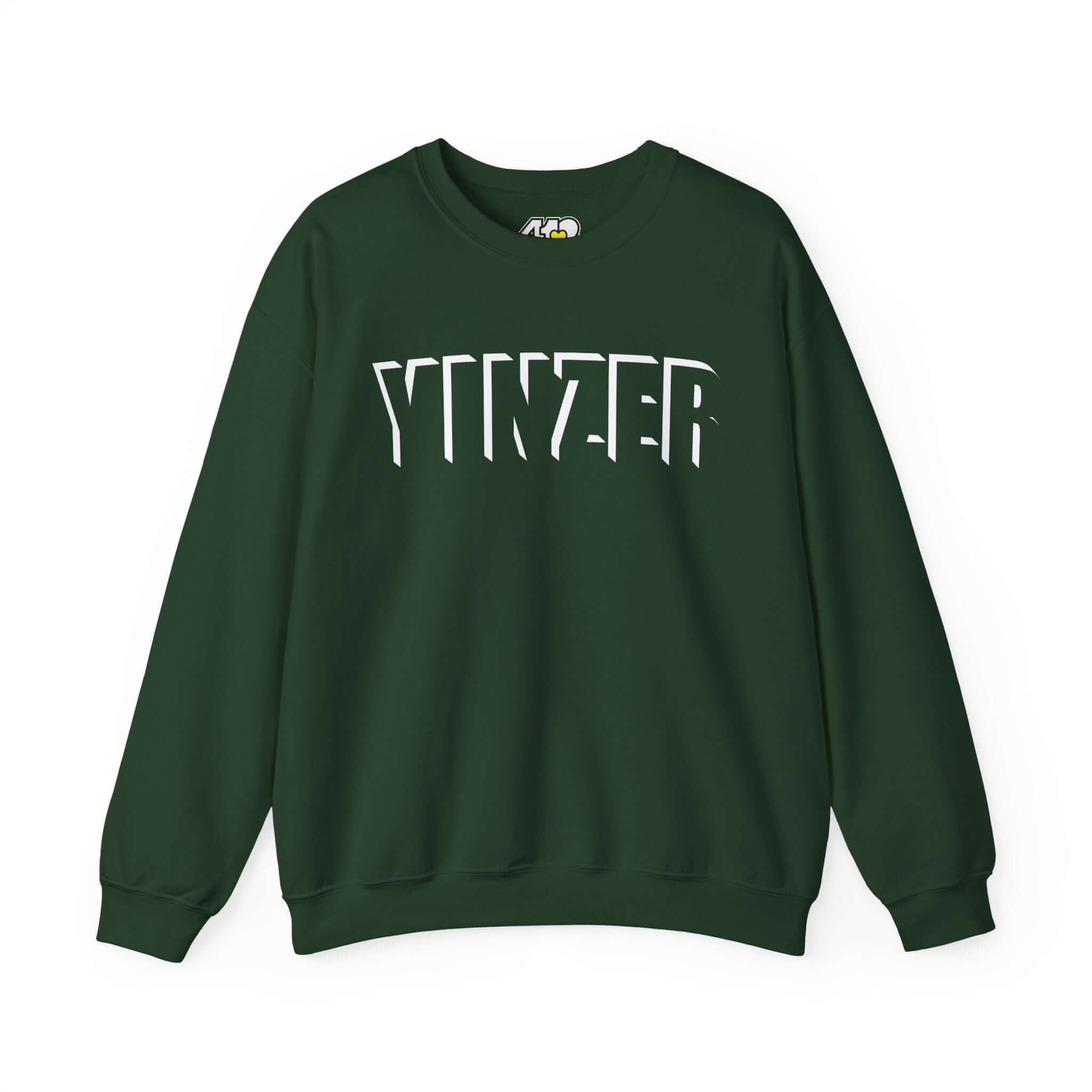 YINZER Sweatshirt | White Logo. Apparel Color: Forest Green. A blend of 50% cotton and 50% polyester for cozy durability. With an Elastic ribbed collar, and Double-needle stitching.