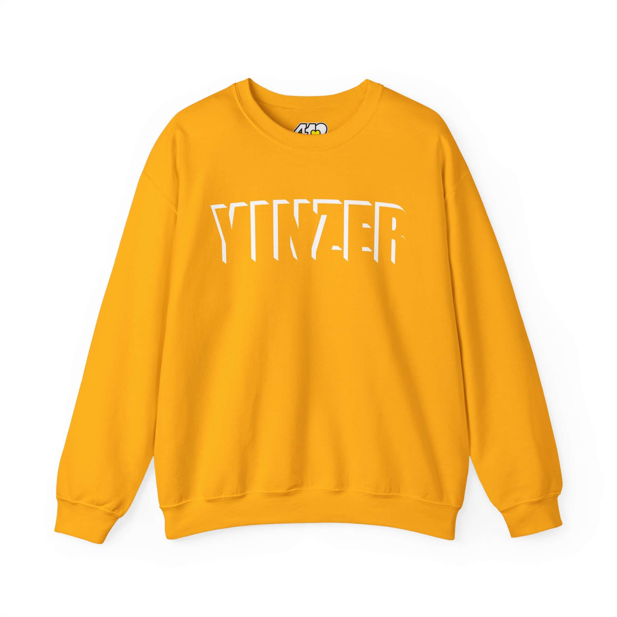 YINZER Sweatshirt | White Logo. Apparel Color: Gold. A blend of 50% cotton and 50% polyester for cozy durability. With an Elastic ribbed collar, and Double-needle stitching.