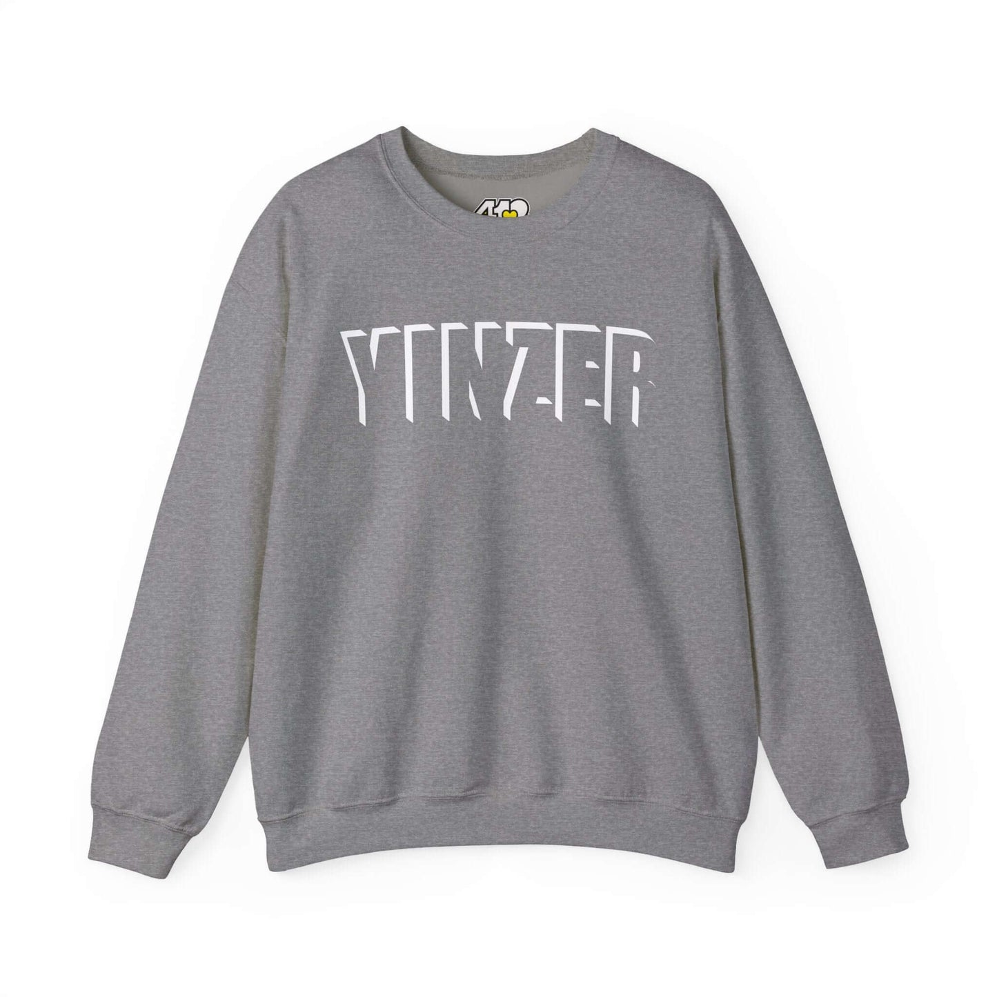 YINZER Sweatshirt | White Logo. Apparel Color: Graphite Heather. A blend of 50% cotton and 50% polyester for cozy durability. With an Elastic ribbed collar, and Double-needle stitching.