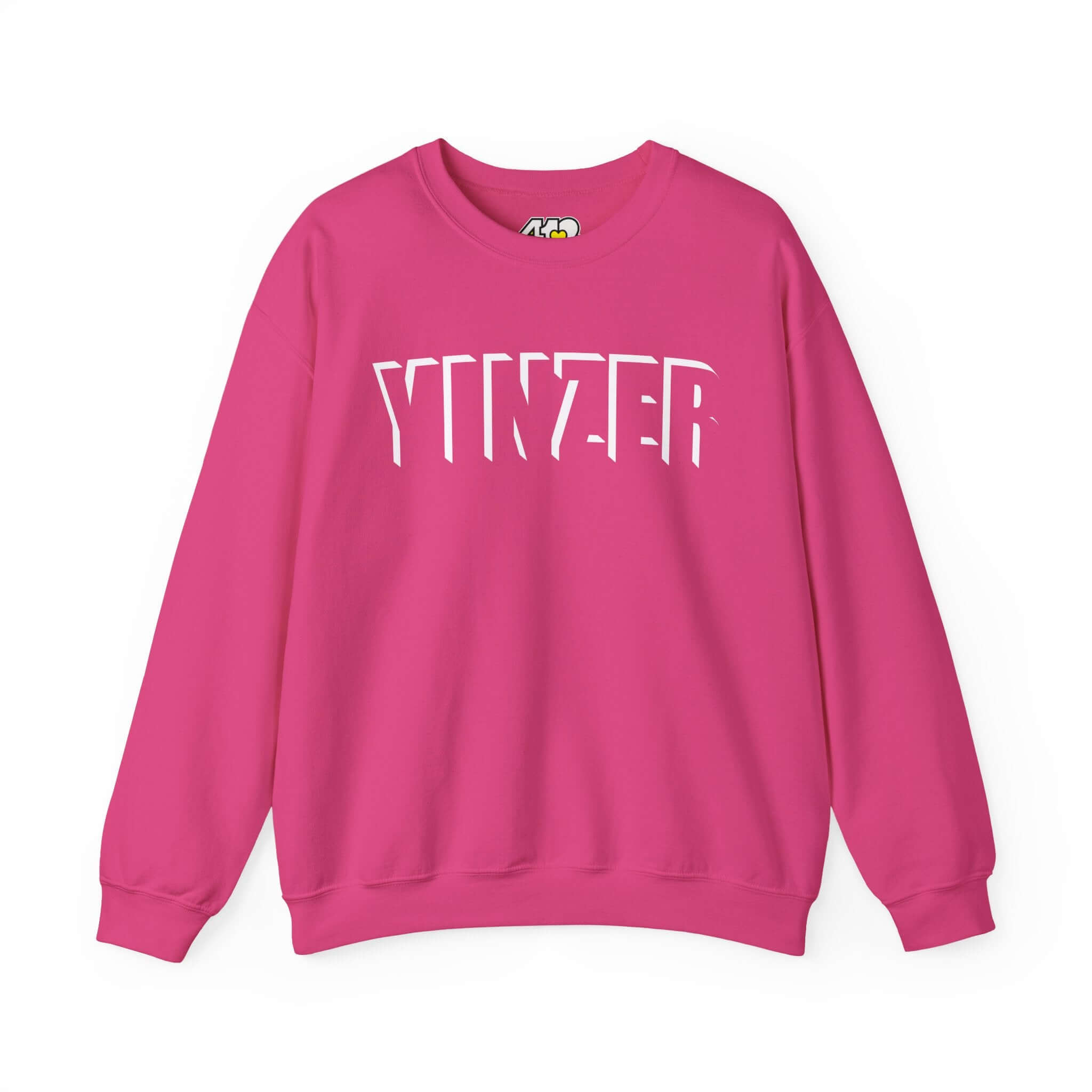 YINZER Sweatshirt | White Logo. Apparel Color: Heliconia. A blend of 50% cotton and 50% polyester for cozy durability. With an Elastic ribbed collar, and Double-needle stitching.