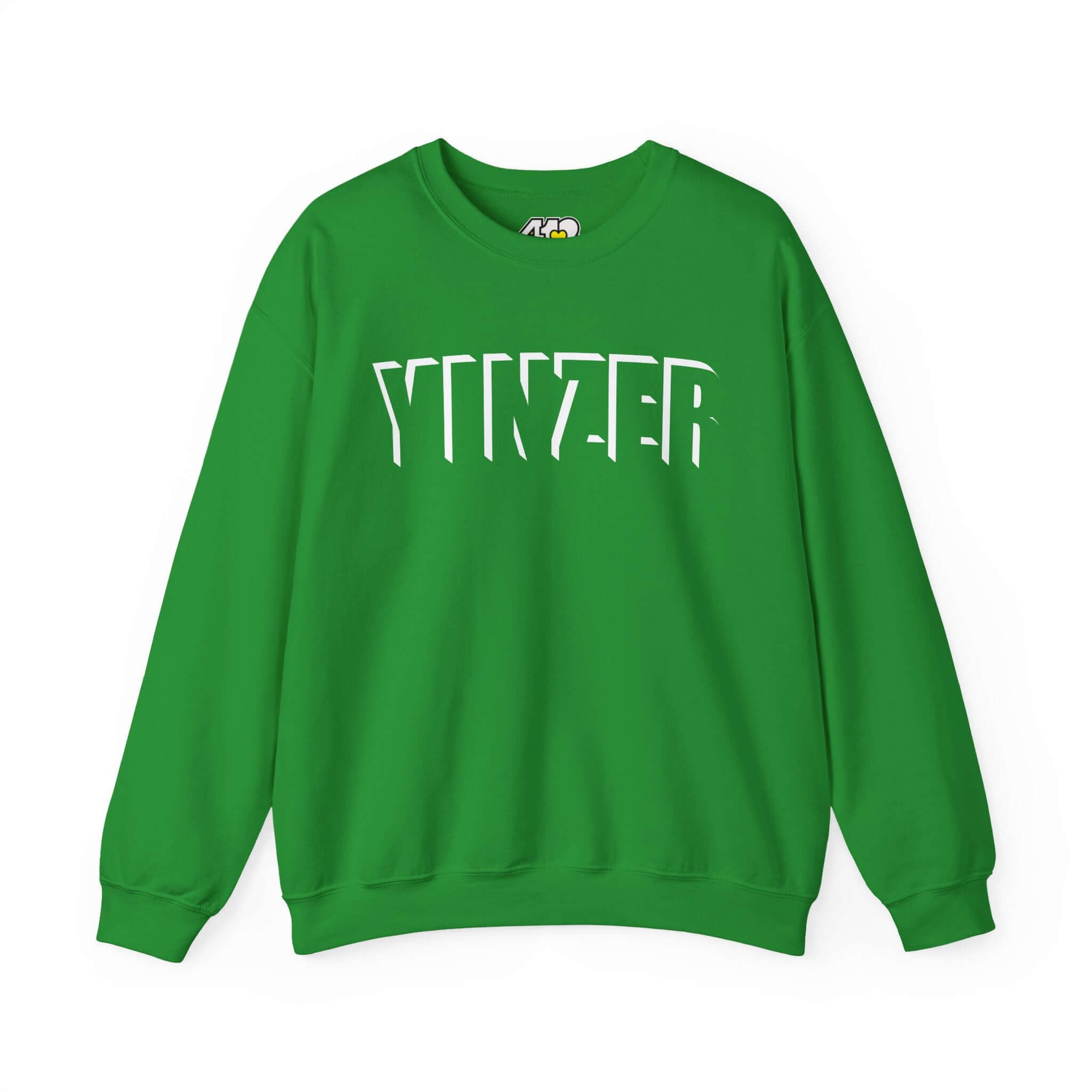 YINZER Sweatshirt | White Logo. Apparel Color: Irish Green. A blend of 50% cotton and 50% polyester for cozy durability. With an Elastic ribbed collar, and Double-needle stitching.