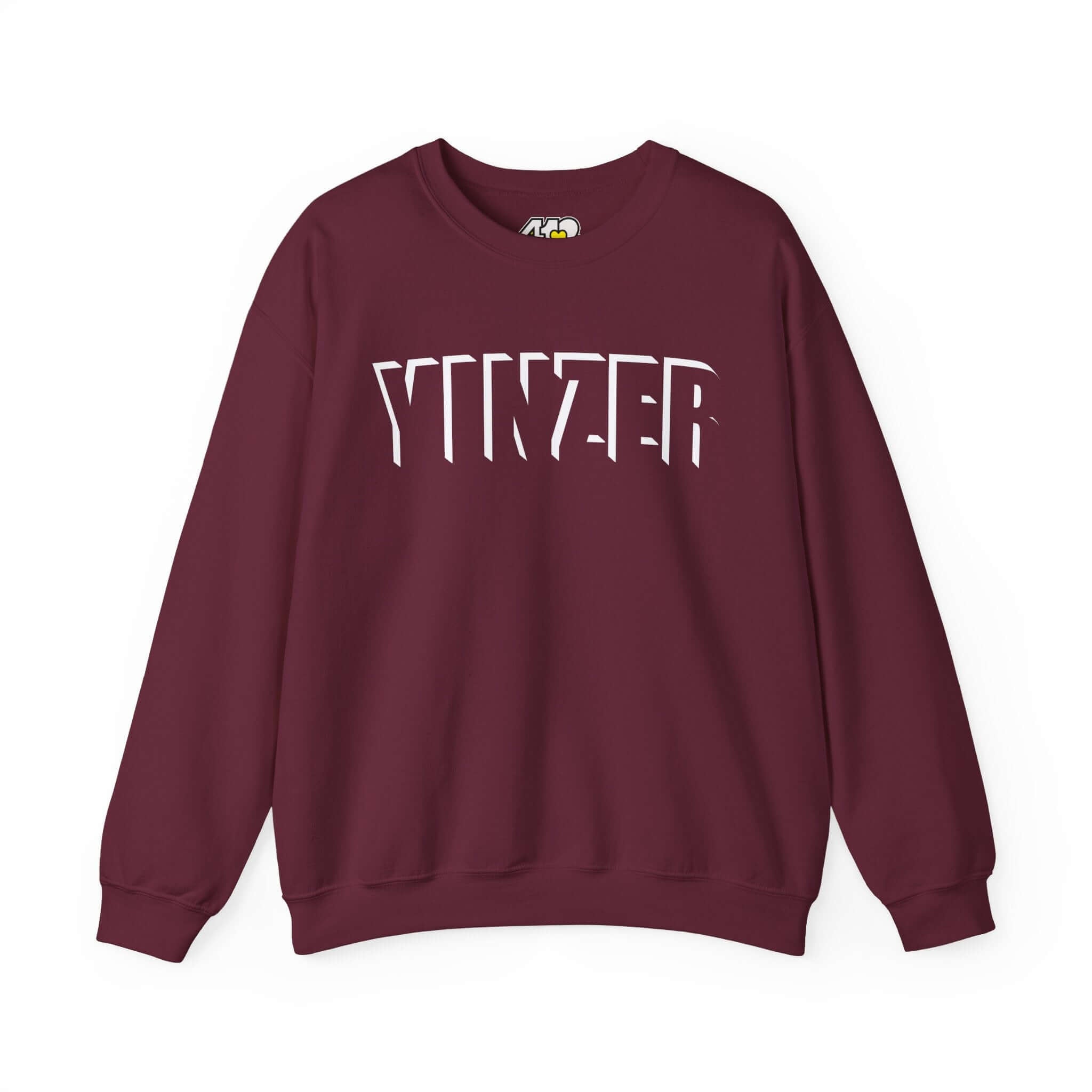 YINZER Sweatshirt | White Logo. Apparel Color: Maroon. A blend of 50% cotton and 50% polyester for cozy durability. With an Elastic ribbed collar, and Double-needle stitching.
