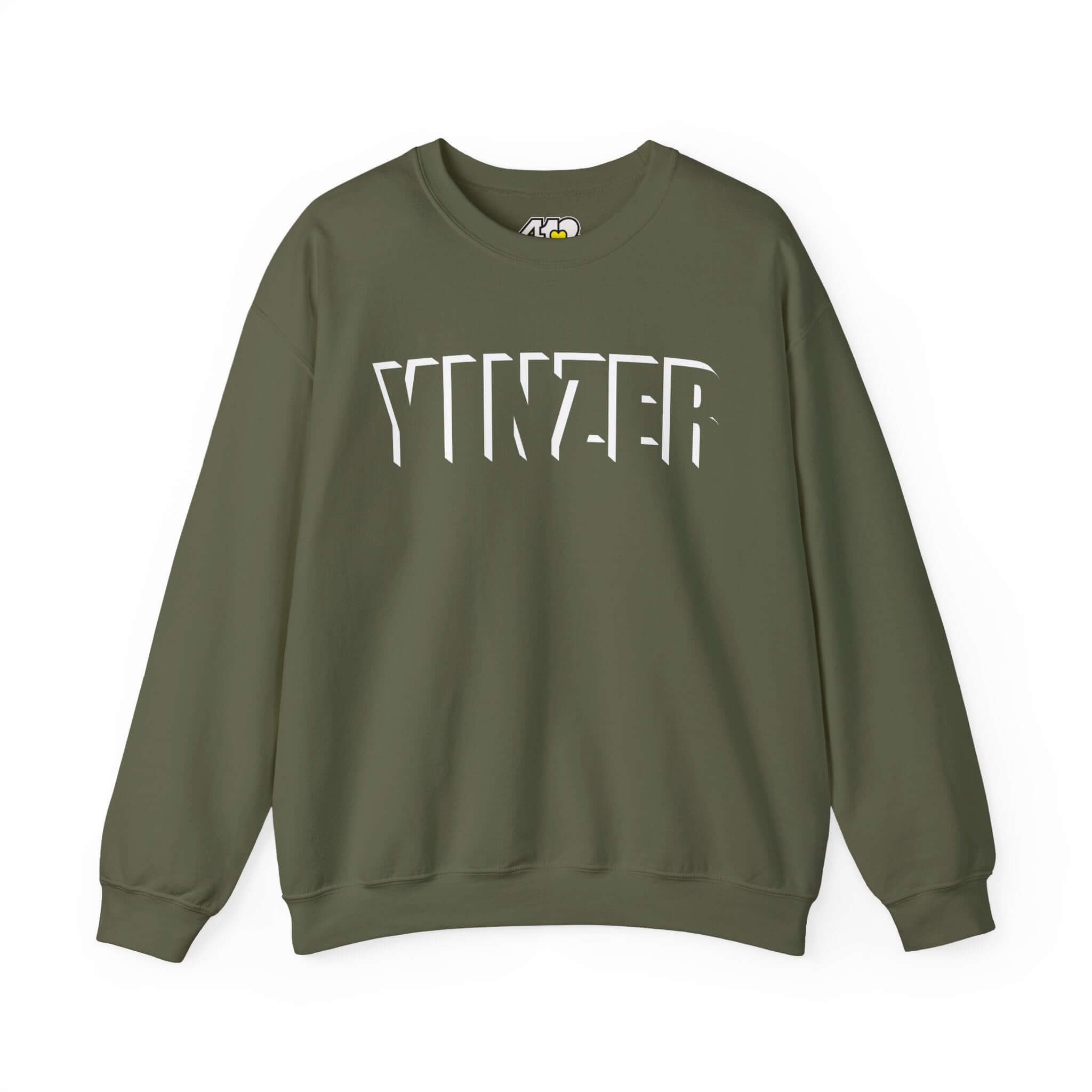 YINZER Sweatshirt | White Logo. Apparel Color: Military Green. A blend of 50% cotton and 50% polyester for cozy durability. With an Elastic ribbed collar, and Double-needle stitching.