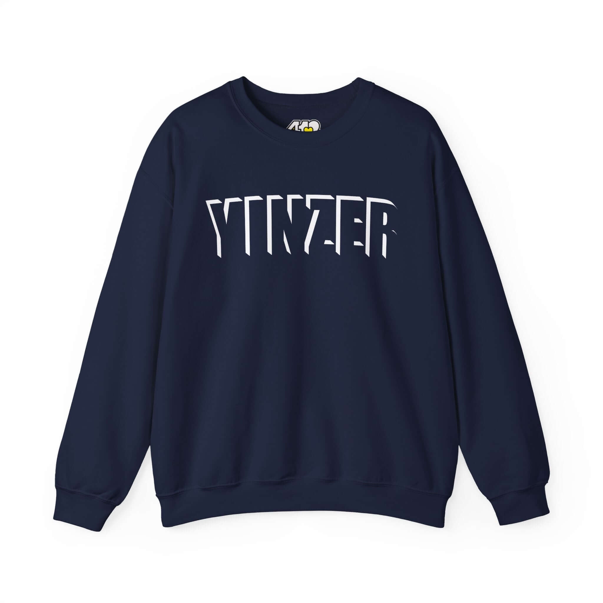 YINZER Sweatshirt | White Logo. Apparel Color: Navy. A blend of 50% cotton and 50% polyester for cozy durability. With an Elastic ribbed collar, and Double-needle stitching.