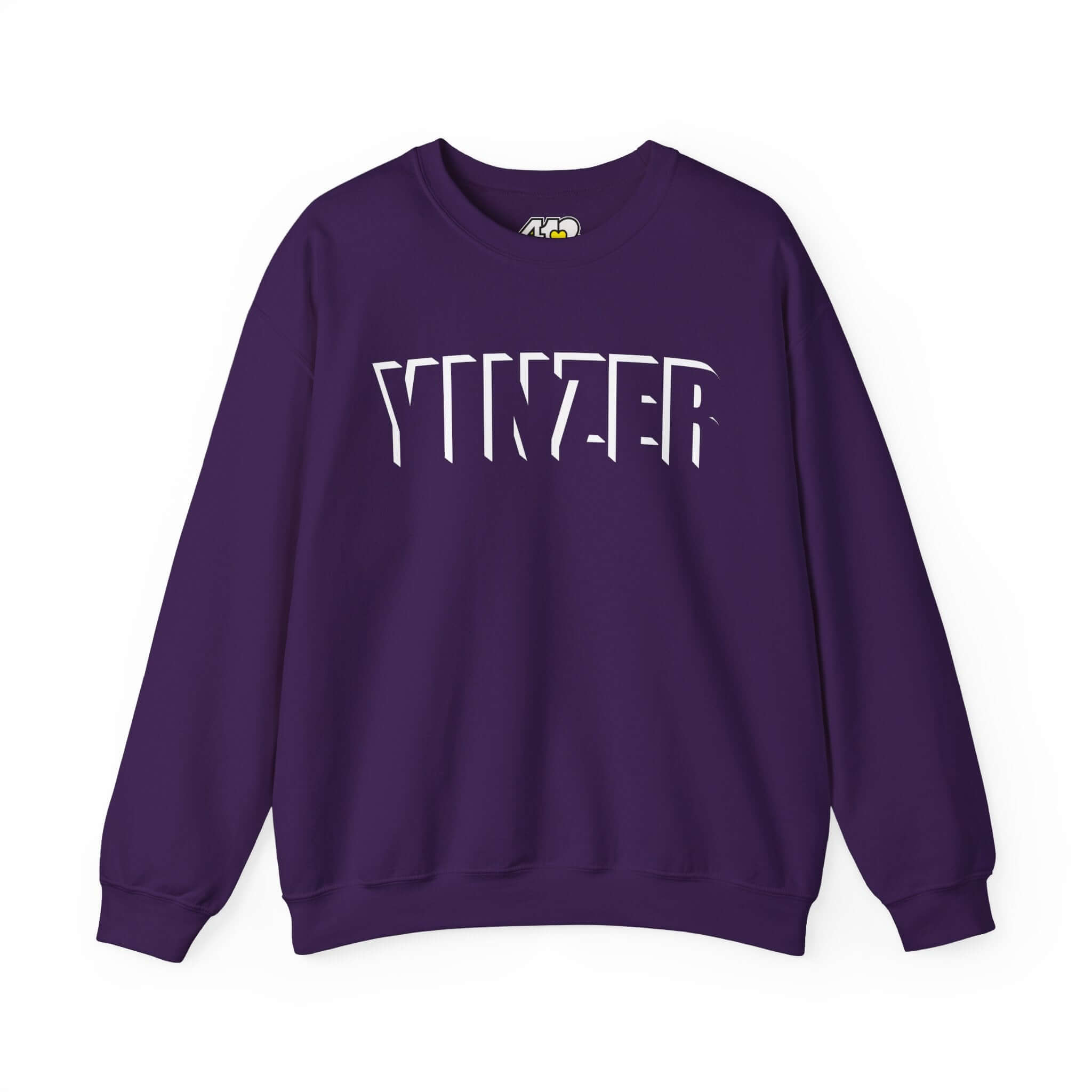 YINZER Sweatshirt | White Logo. Apparel Color: Purple. A blend of 50% cotton and 50% polyester for cozy durability. With an Elastic ribbed collar, and Double-needle stitching.