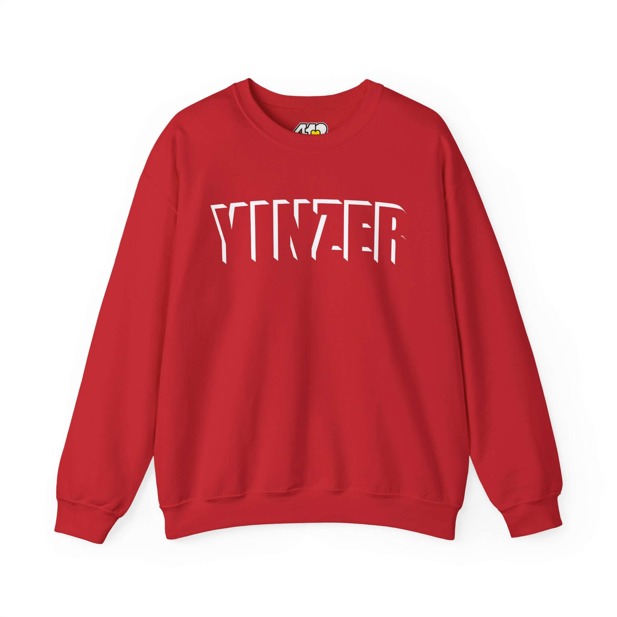 YINZER Sweatshirt | White Logo. Apparel Color: Red. A blend of 50% cotton and 50% polyester for cozy durability. With an Elastic ribbed collar, and Double-needle stitching.