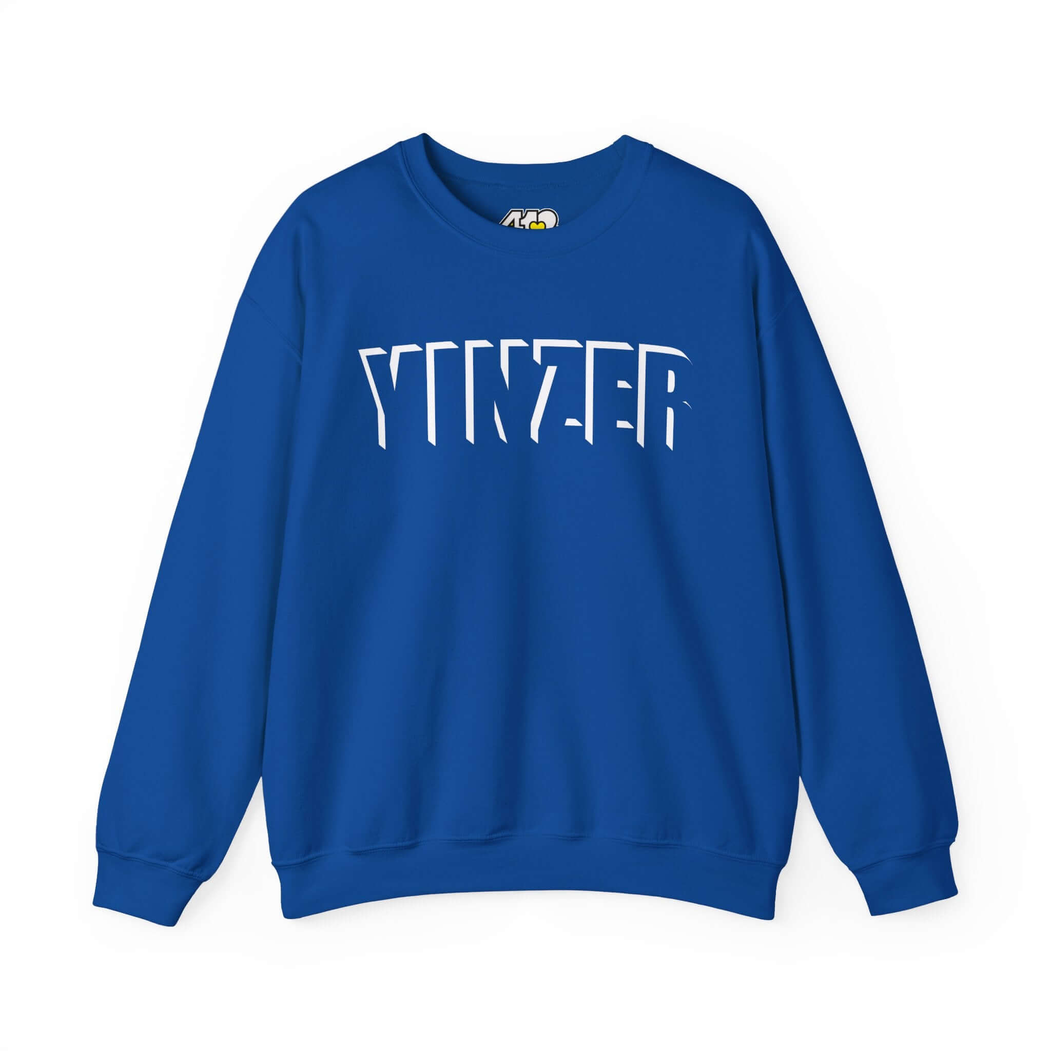 YINZER Sweatshirt | White Logo. Apparel Color: Royal. A blend of 50% cotton and 50% polyester for cozy durability. With an Elastic ribbed collar, and Double-needle stitching.