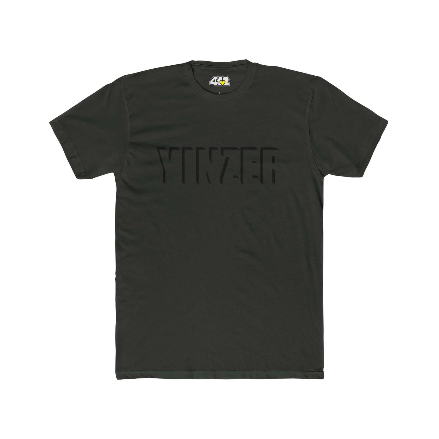 YINZER T-Shirt | Bold Black Logo. Apparel Color: Solid Heavy Metal. Tailored fit T-Shirt with breathable cotton fabric, and classic neckline.
