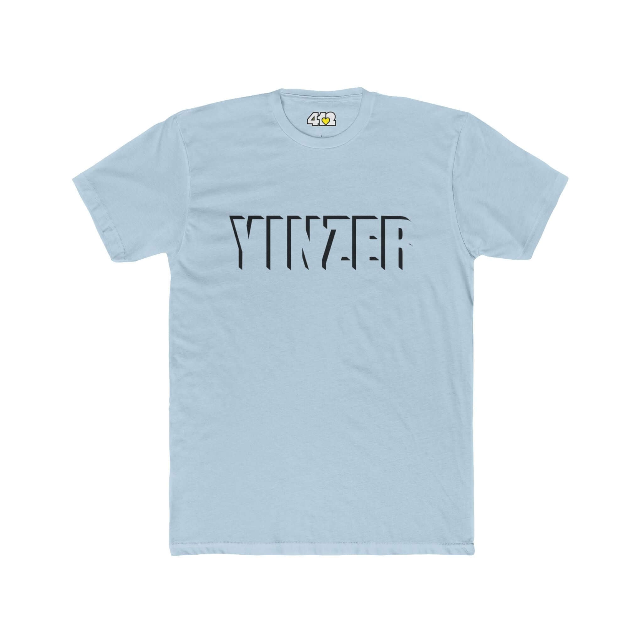 YINZER T-Shirt | Bold Black Logo. Apparel Color: Solid Light Blue. Tailored fit T-Shirt with breathable cotton fabric, and classic neckline.