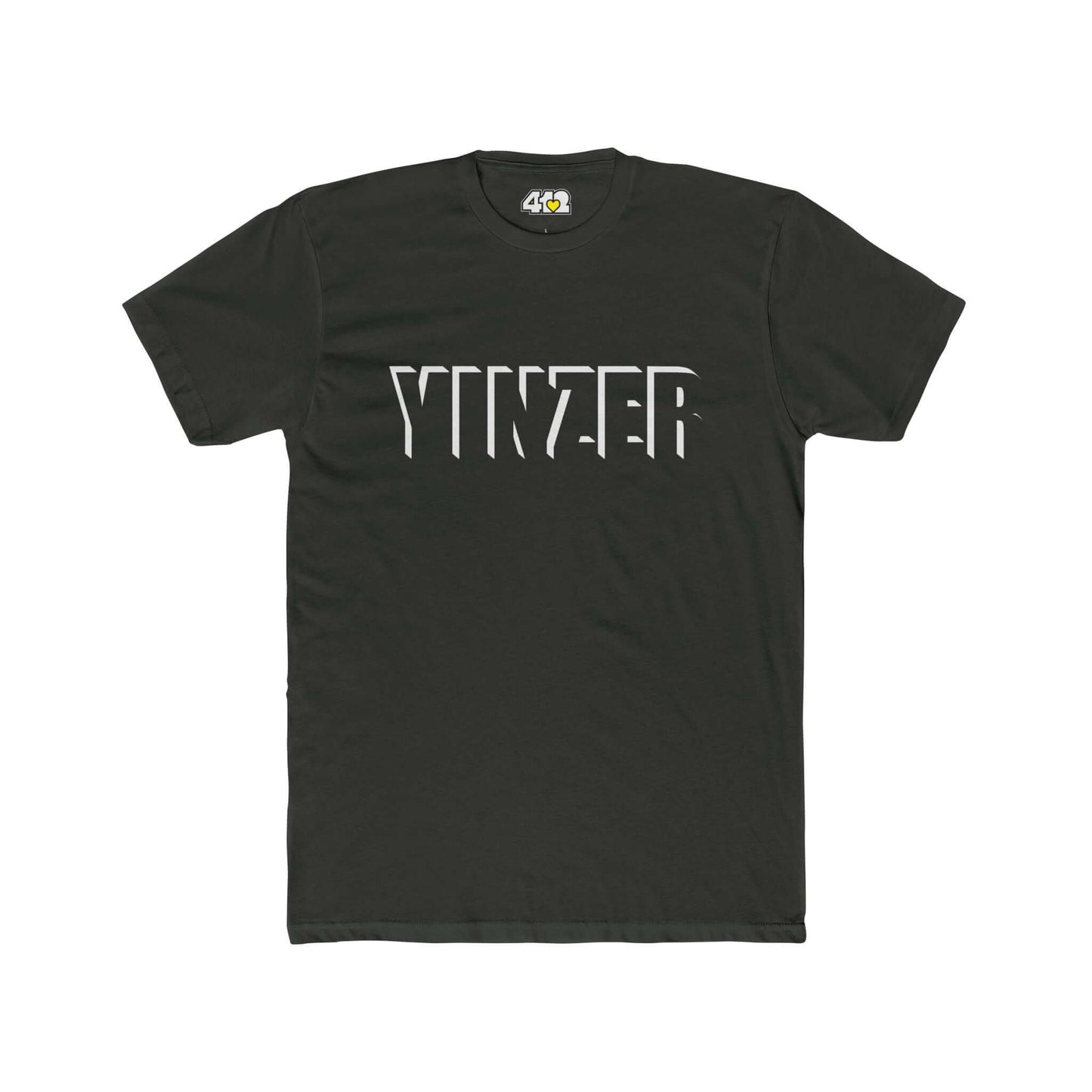 YINZER T-Shirt | Bold White Logo. Apparel Color: Solid Heavy Metal. Tailored fit T-Shirt with breathable cotton fabric, and classic neckline.