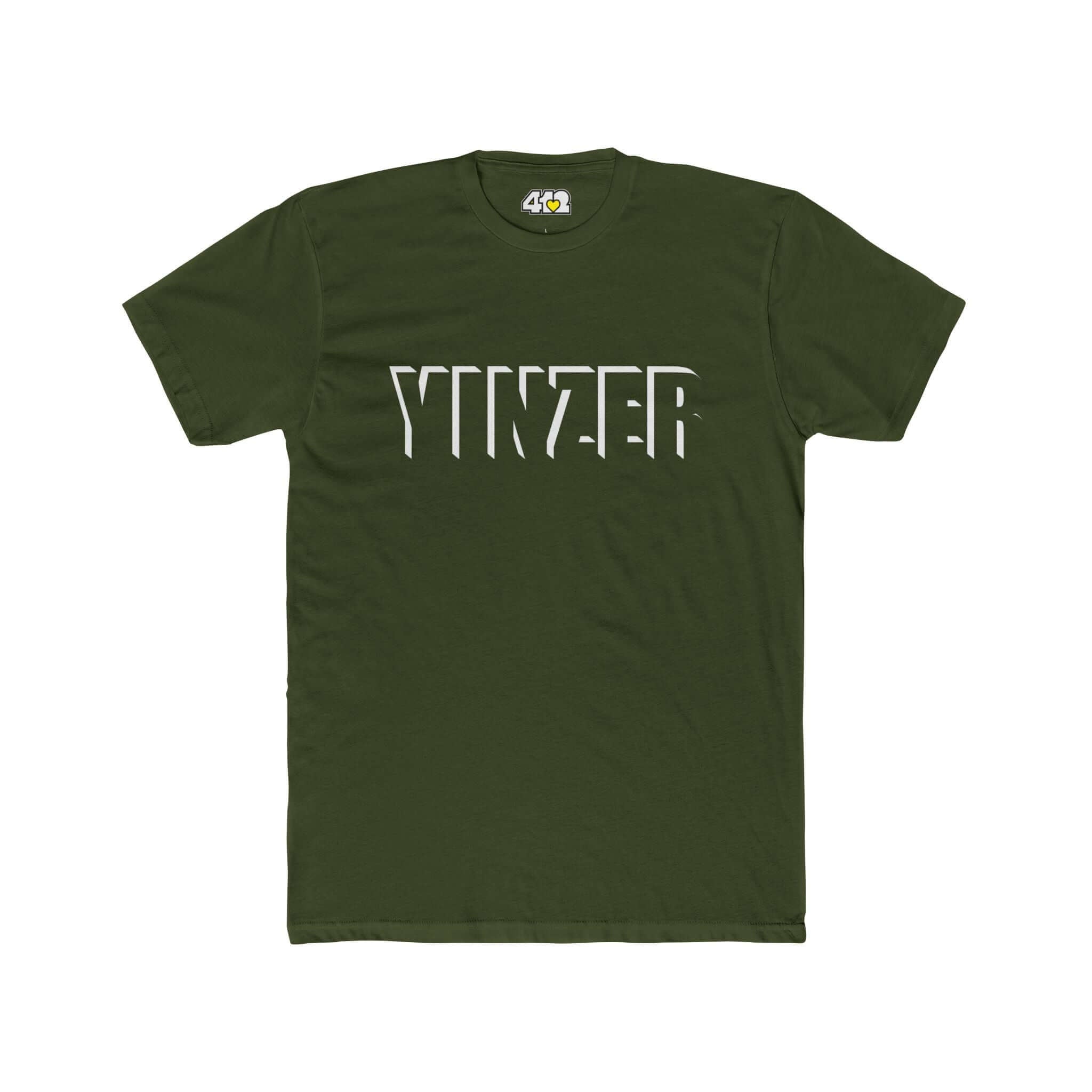 YINZER T-Shirt | Bold White Logo. Apparel Color: Solid Military Green. Tailored fit T-Shirt with breathable cotton fabric, and classic neckline.