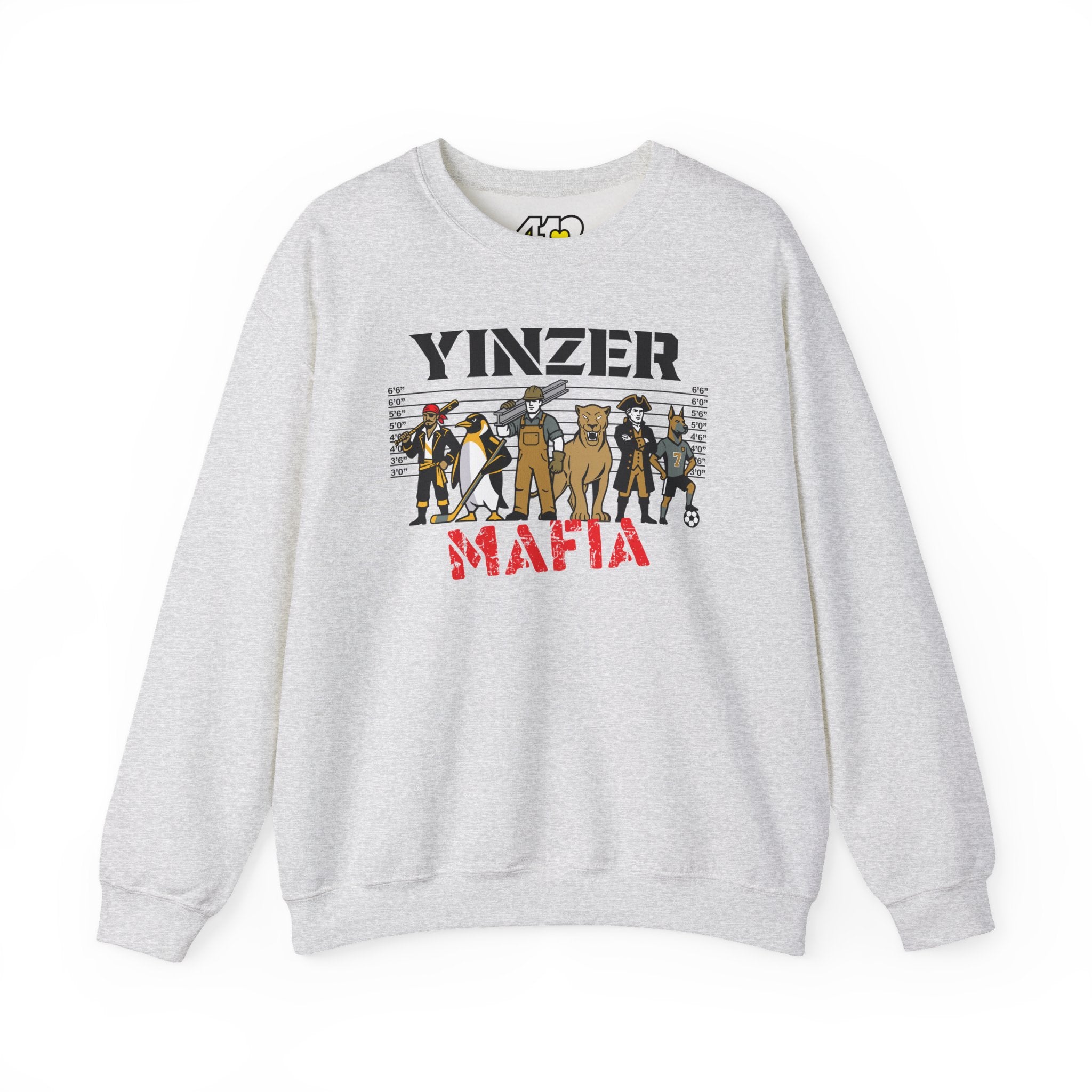 Yinzer Mafia Crewneck. Apparel Color: Ash. A blend of 50% cotton and 50% polyester for cozy durability. With an Elastic ribbed collar, and Double-needle stitching.