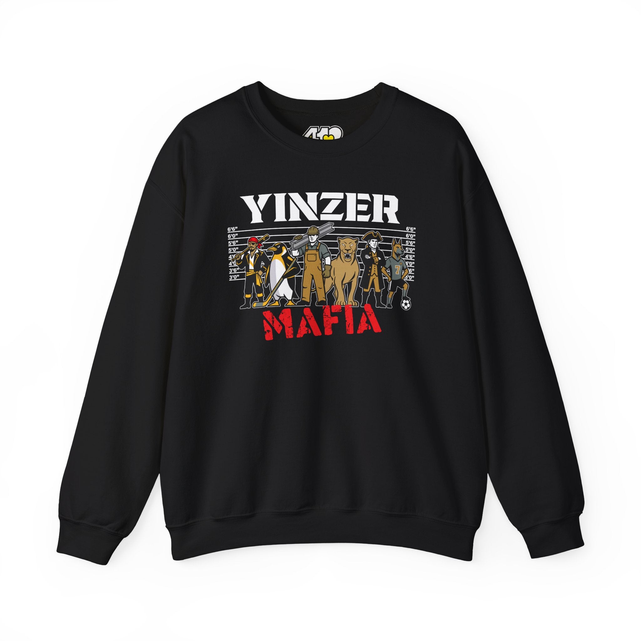 Yinzer Mafia Crewneck. Apparel Color: Black. A blend of 50% cotton and 50% polyester for cozy durability. With an Elastic ribbed collar, and Double-needle stitching.