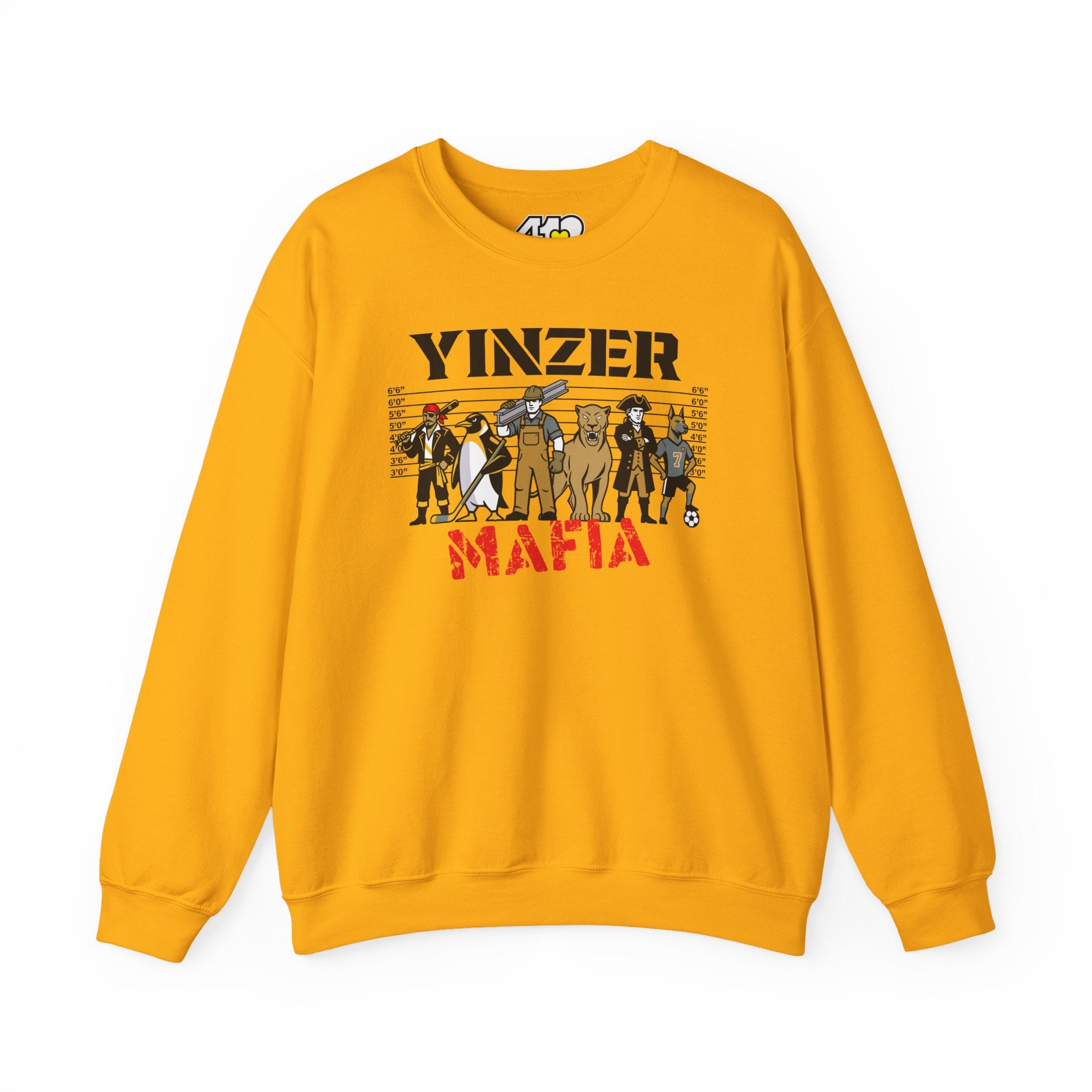 Yinzer Mafia Crewneck. Apparel Color: Gold. A blend of 50% cotton and 50% polyester for cozy durability. With an Elastic ribbed collar, and Double-needle stitching.