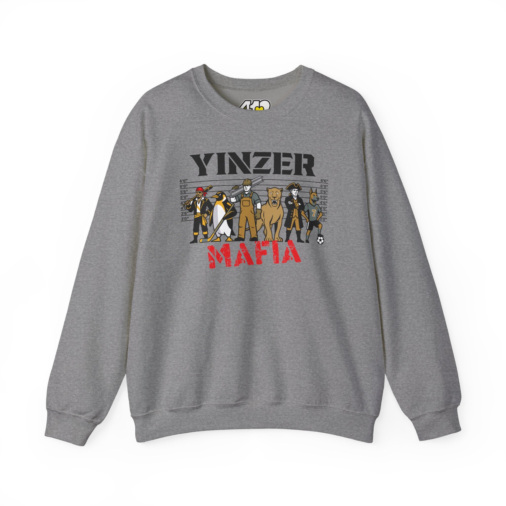 Yinzer Mafia Crewneck. Apparel Color: Graphite Heather. A blend of 50% cotton and 50% polyester for cozy durability. With an Elastic ribbed collar, and Double-needle stitching.