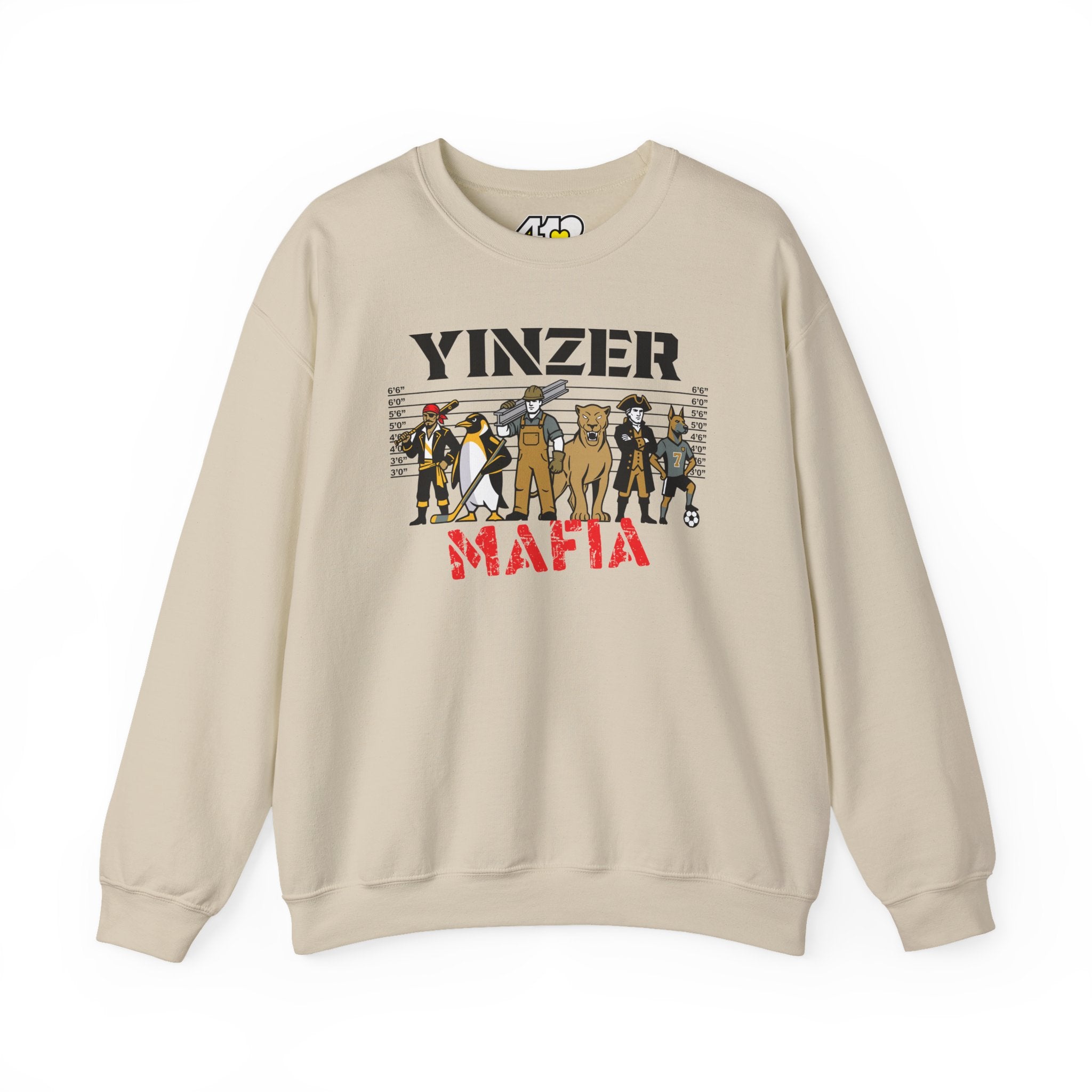Yinzer Mafia Crewneck. Apparel Color: Sand. A blend of 50% cotton and 50% polyester for cozy durability. With an Elastic ribbed collar, and Double-needle stitching.