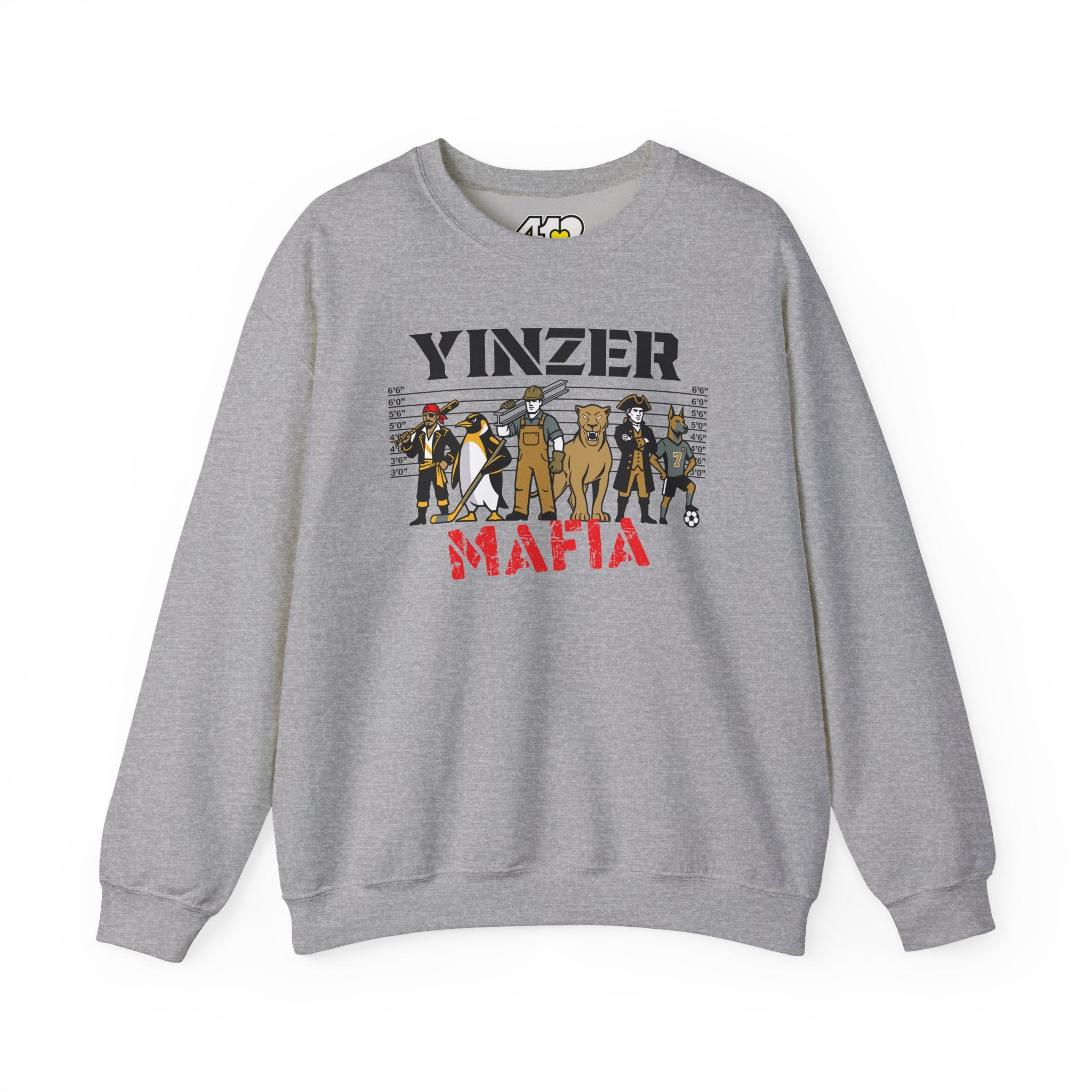 Yinzer Mafia Crewneck. Apparel Color: Sport Grey. A blend of 50% cotton and 50% polyester for cozy durability. With an Elastic ribbed collar, and Double-needle stitching.