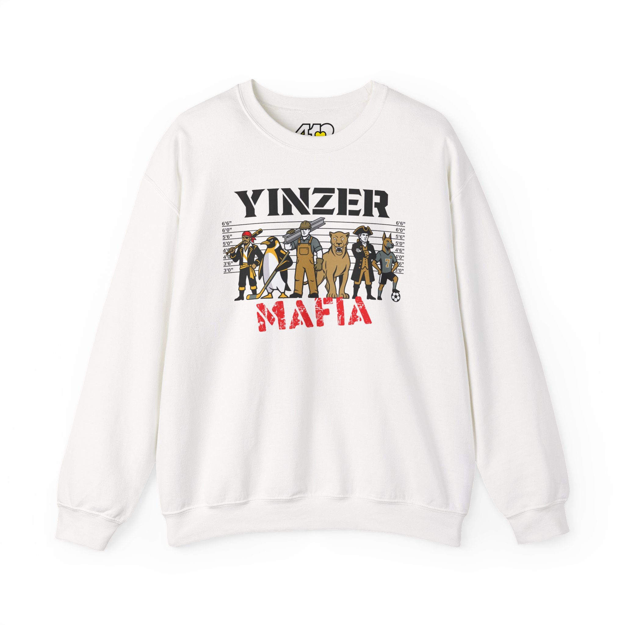 Yinzer Mafia Crewneck. Apparel Color: White. A blend of 50% cotton and 50% polyester for cozy durability. With an Elastic ribbed collar, and Double-needle stitching.