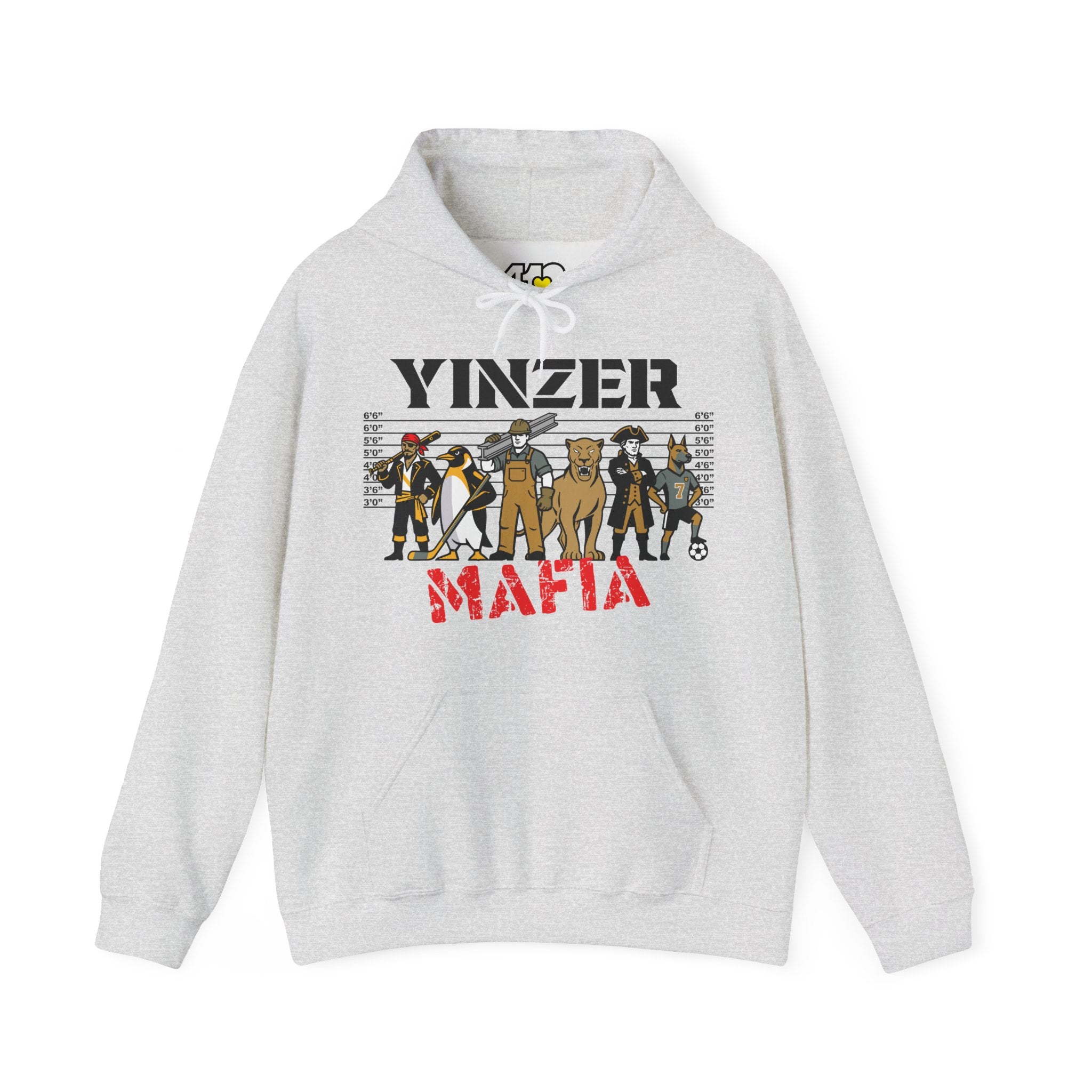 Yinzer Mafia Hoodie. Apparel Color: Ash. 50/50 cotton-poly blend, cozy fit, kangaroo pocket, adjustable drawstring hood.