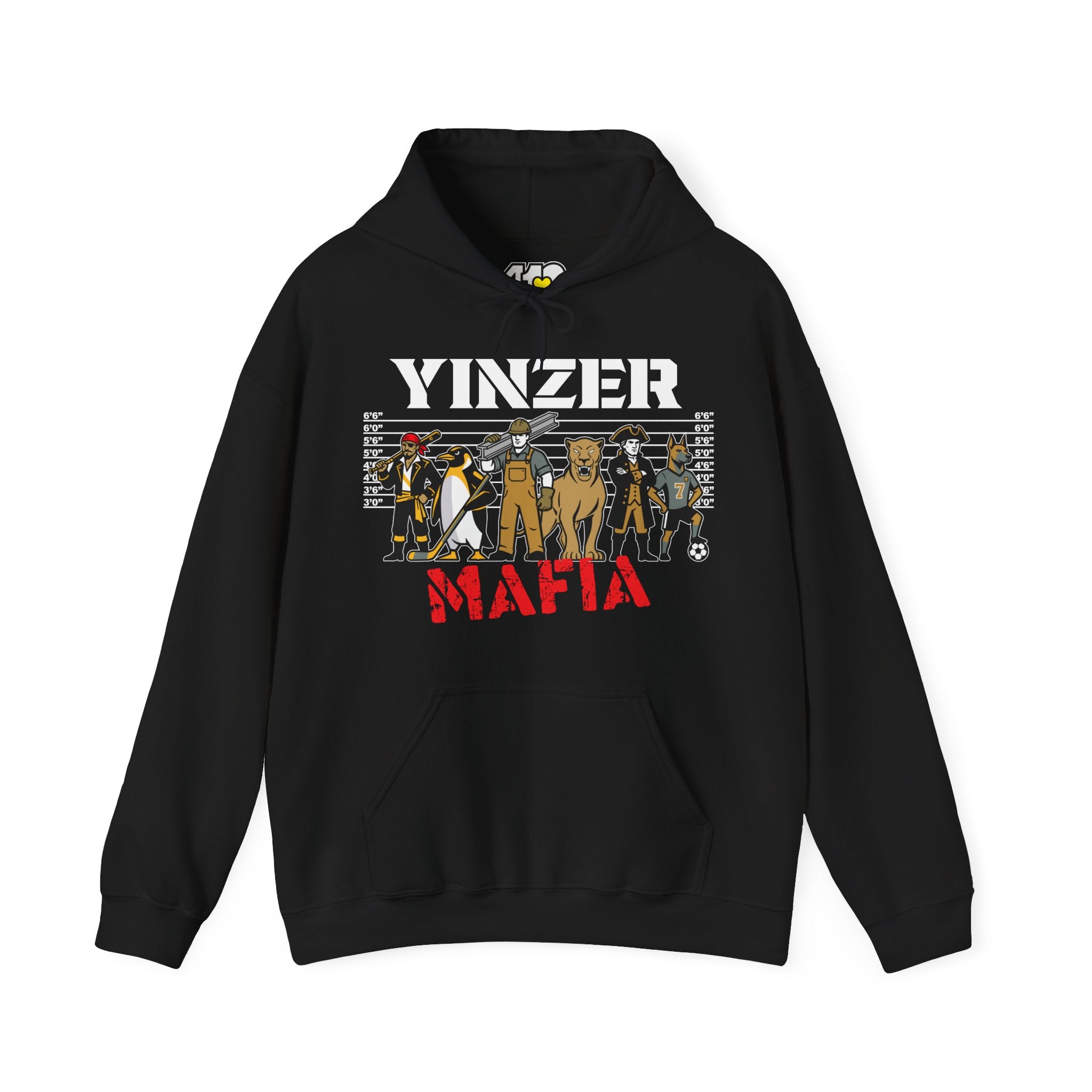 Yinzer Mafia Hoodie. Apparel Color: Black. 50/50 cotton-poly blend, cozy fit, kangaroo pocket, adjustable drawstring hood.