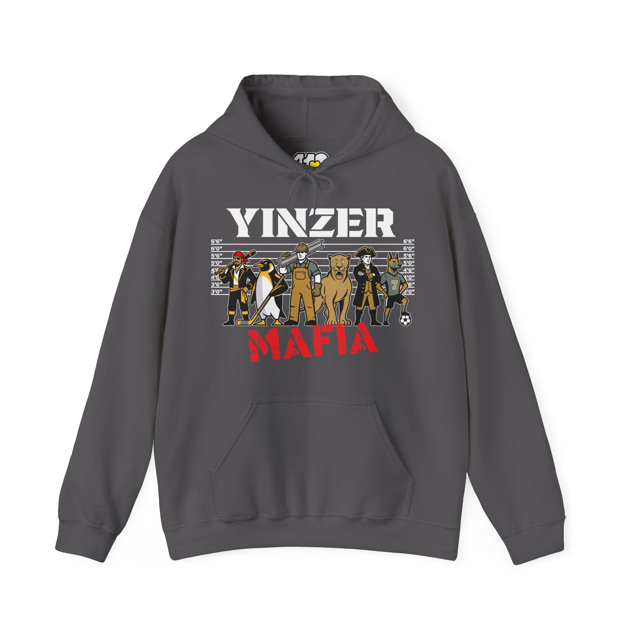 Yinzer Mafia Hoodie. Apparel Color: Charcoal. 50/50 cotton-poly blend, cozy fit, kangaroo pocket, adjustable drawstring hood.