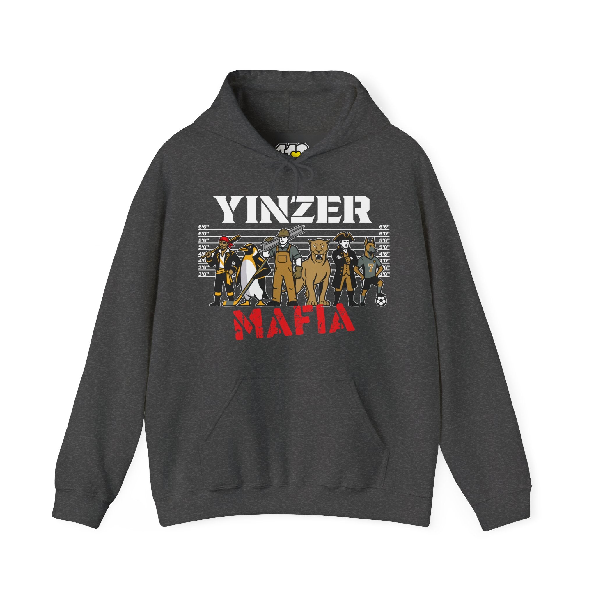 Yinzer Mafia Hoodie. Apparel Color: Dark Heather. 50/50 cotton-poly blend, cozy fit, kangaroo pocket, adjustable drawstring hood.