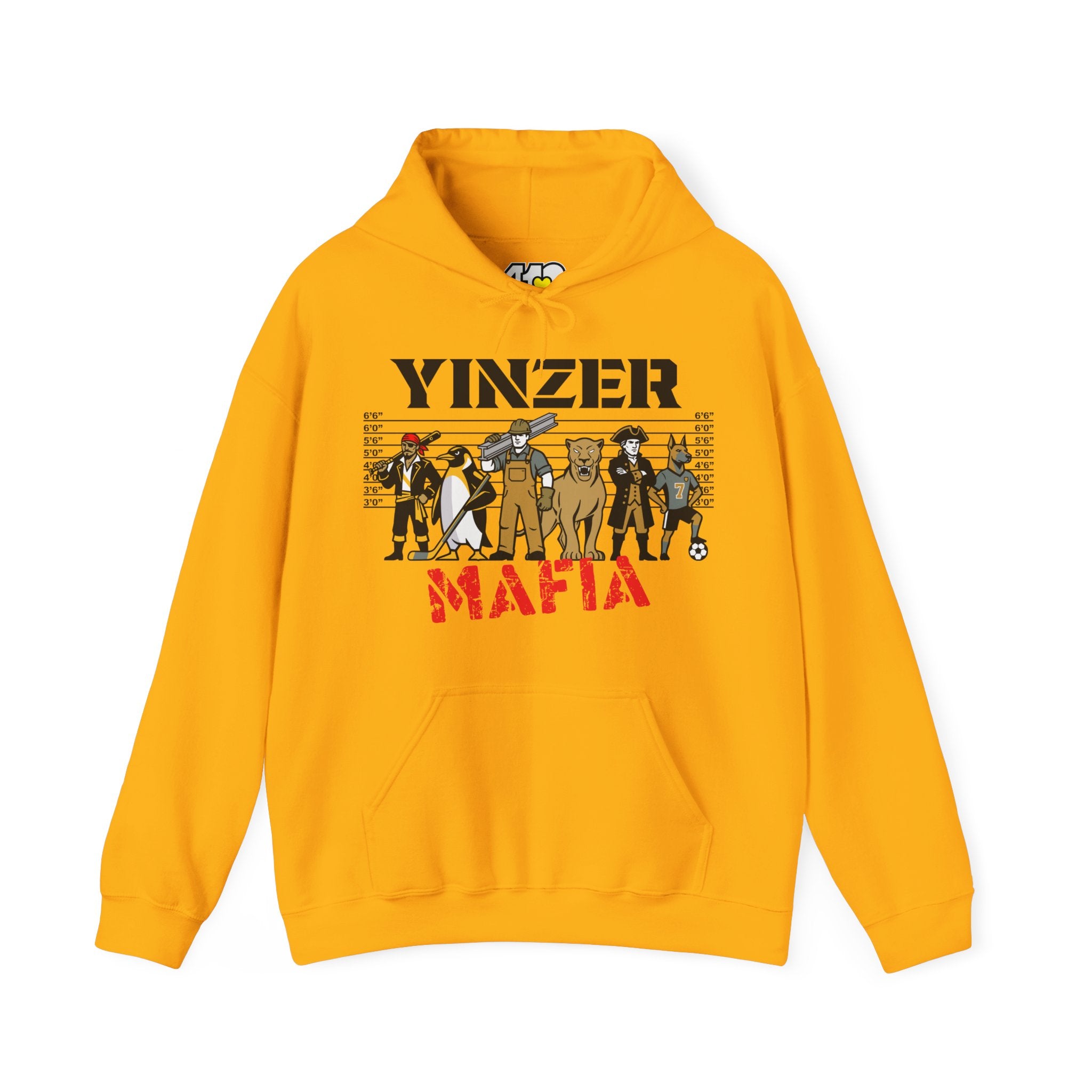 Yinzer Mafia Hoodie. Apparel Color: Gold. 50/50 cotton-poly blend, cozy fit, kangaroo pocket, adjustable drawstring hood.