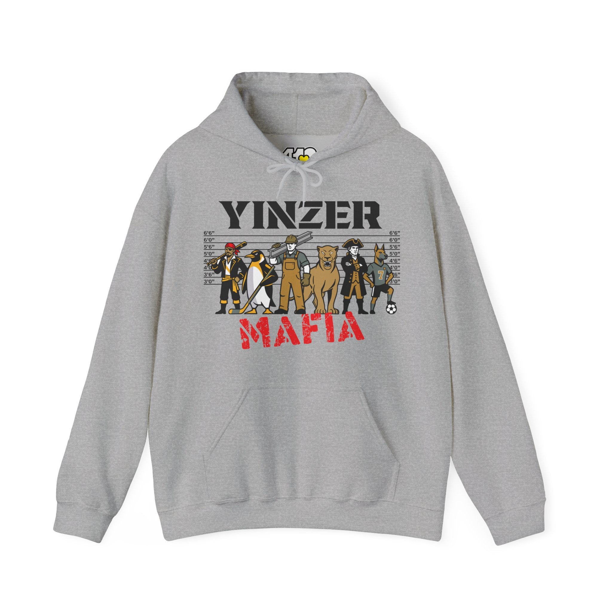 Yinzer Mafia Hoodie. Apparel Color: Sport Grey. 50/50 cotton-poly blend, cozy fit, kangaroo pocket, adjustable drawstring hood.