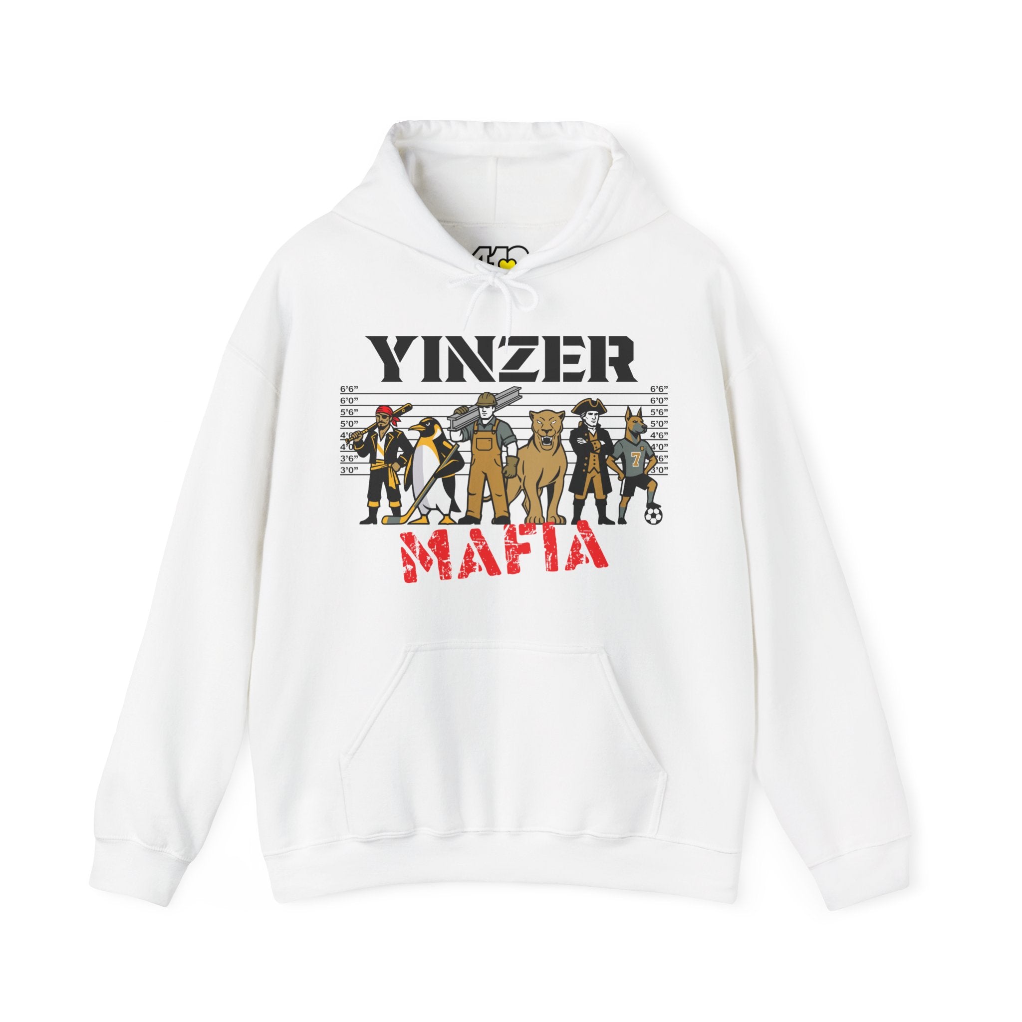 Yinzer Mafia Hoodie. Apparel Color: White. 50/50 cotton-poly blend, cozy fit, kangaroo pocket, adjustable drawstring hood.