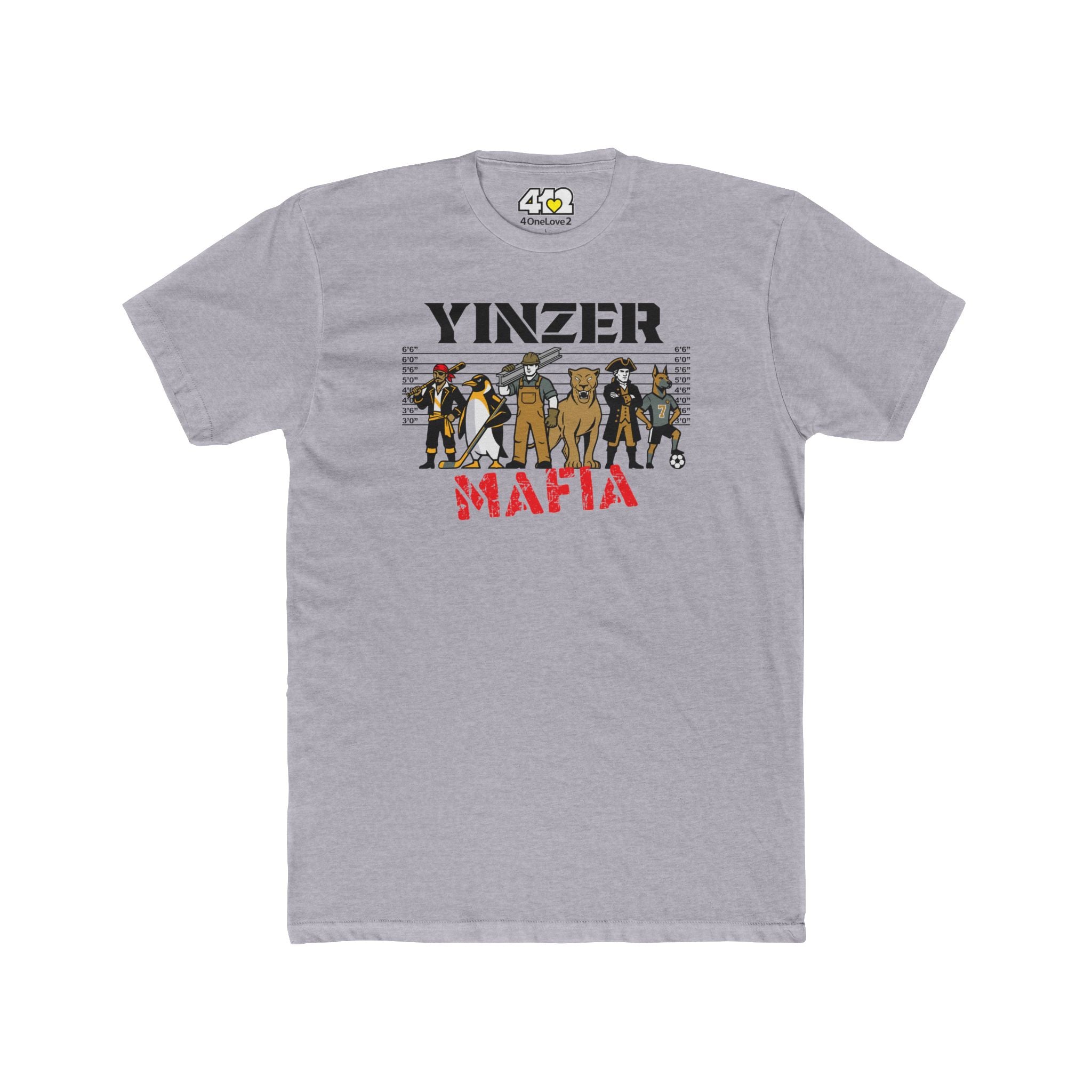 Yinzer Mafia T?Shirt. Apparel Color: Heather Grey. Tailored fit T-Shirt with breathable cotton fabric, and classic neckline.