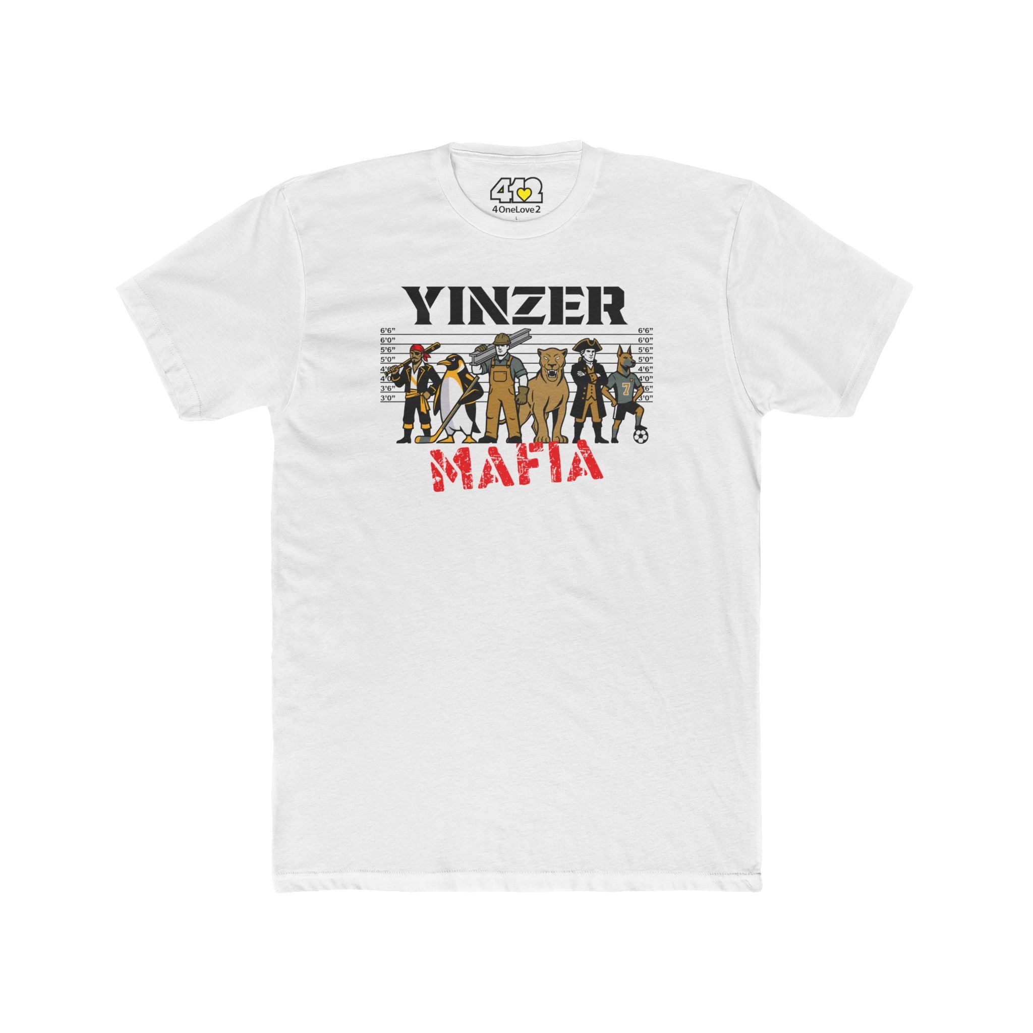 Yinzer Mafia T?Shirt. Apparel Color: Solid White. Tailored fit T-Shirt with breathable cotton fabric, and classic neckline.